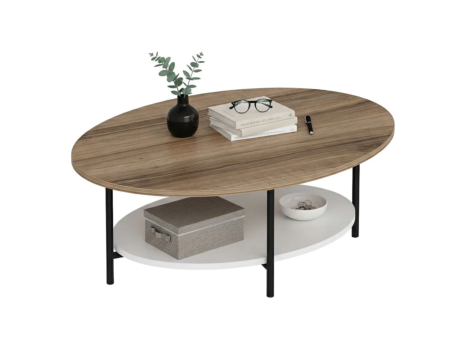 Mesa de centro Subiaco, con patas, 90x60x36h cm roble marrón, un compartimento, forma ovalada
