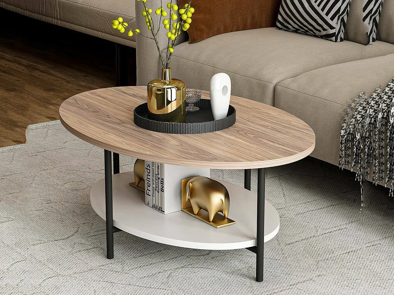 Mesa de centro Subiaco, con patas, 90x60x36h cm roble marrón, un compartimento, forma ovalada
