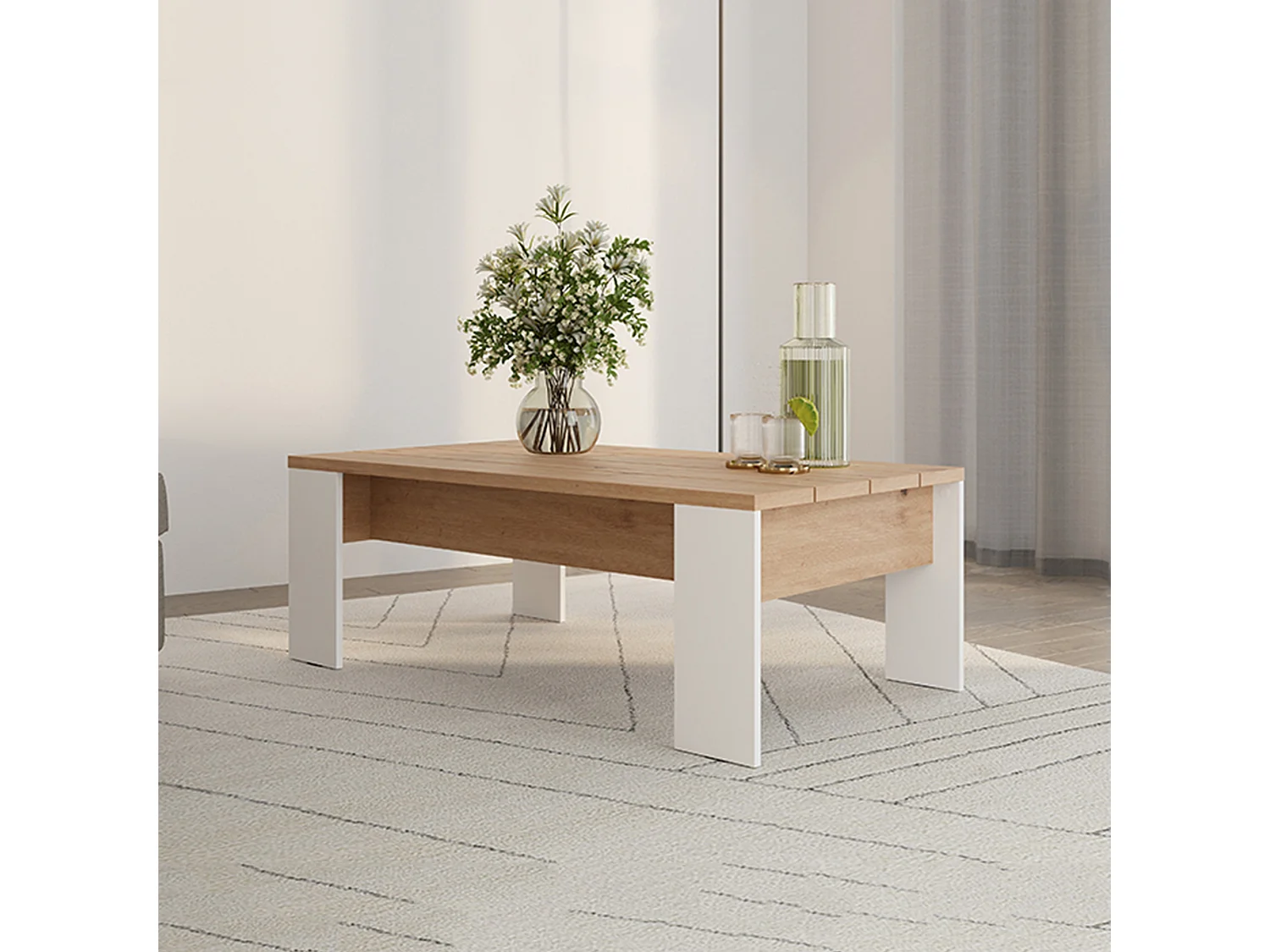 Table basse Bertona, forme rectangulaire, 120x67x43h cm, chêne noyer brun, plateau brun, structure blanche
