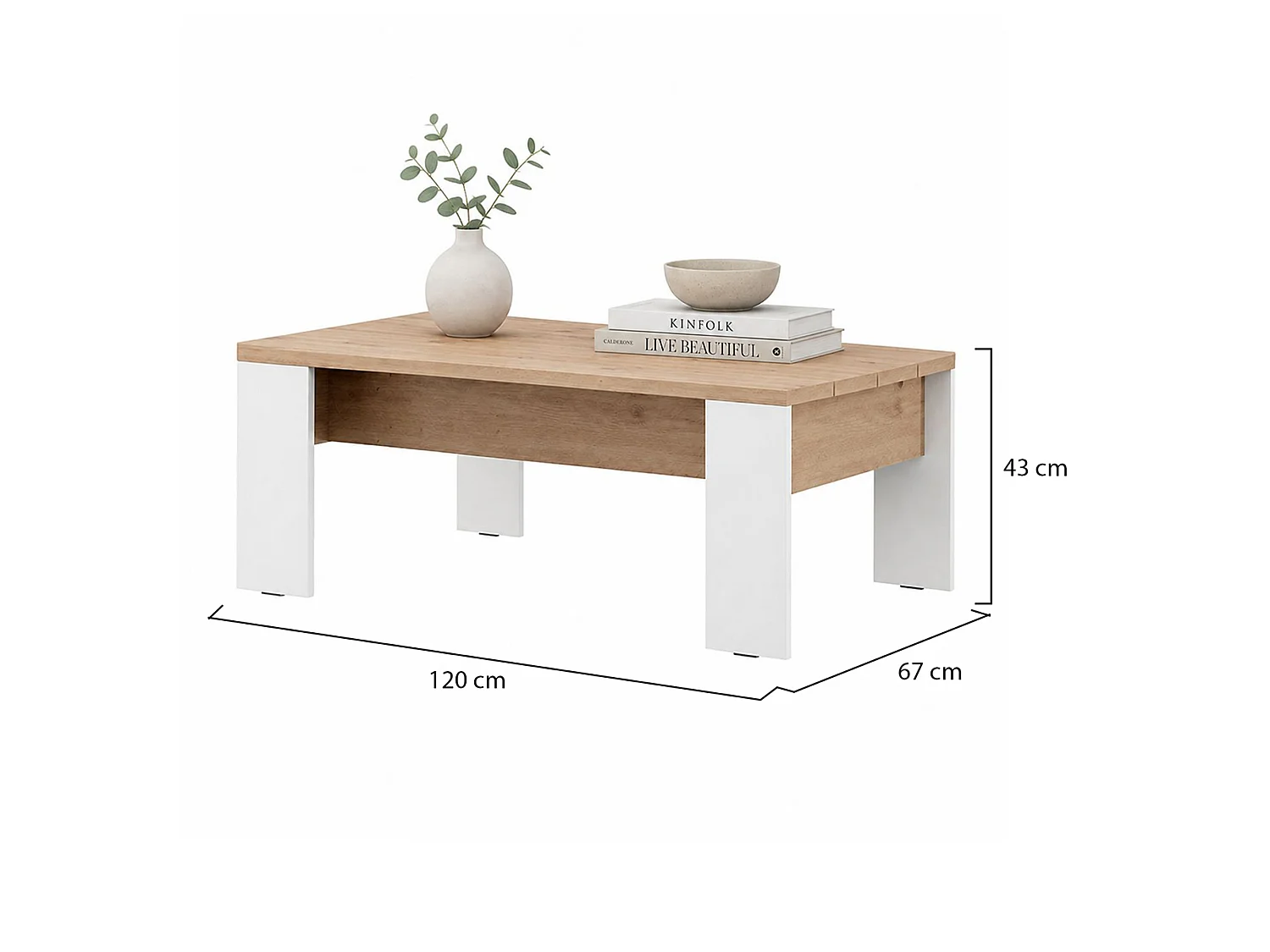 Table basse Bertona, forme rectangulaire, 120x67x43h cm, chêne noyer brun, plateau brun, structure blanche