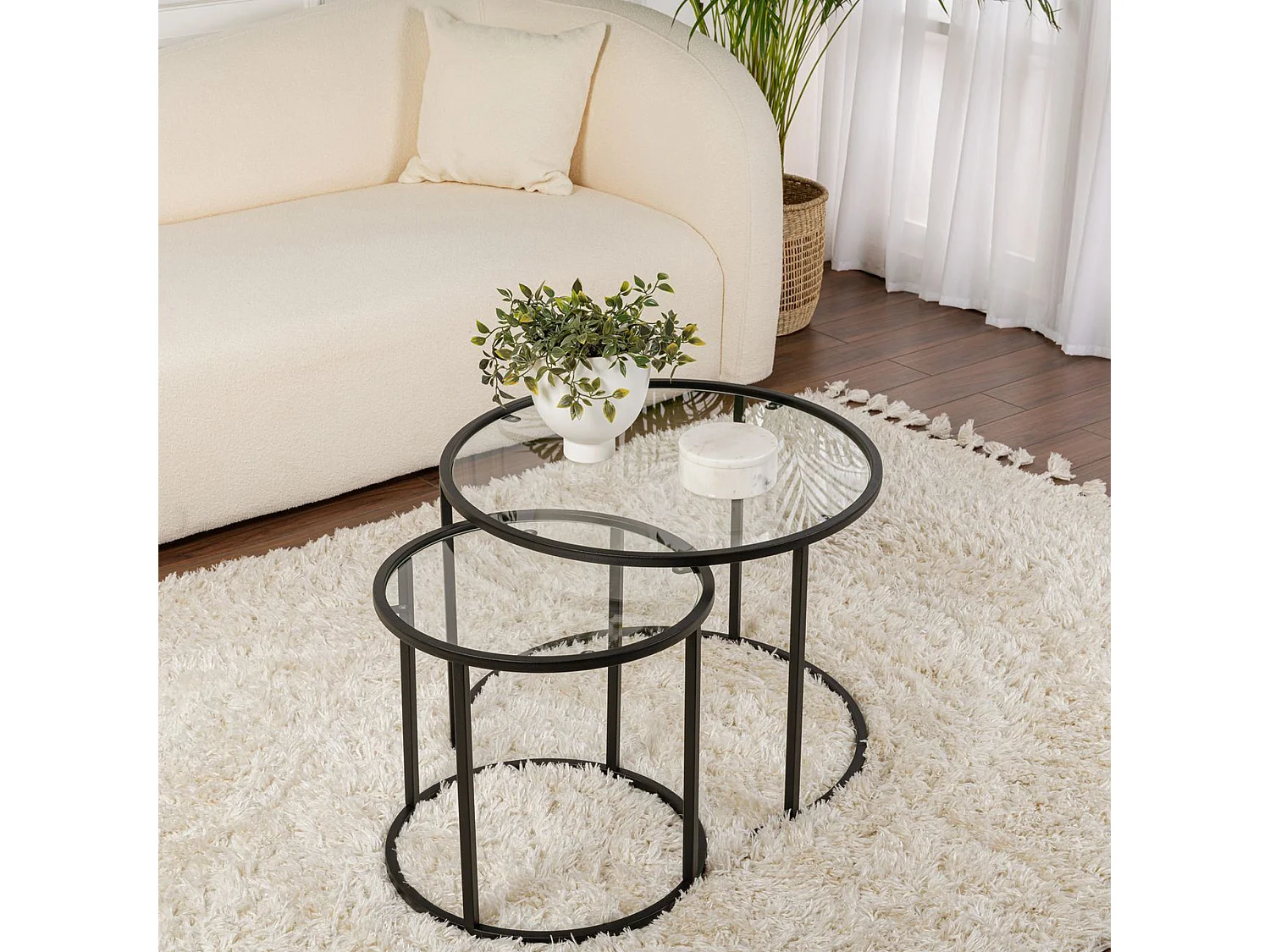 Table basse Simaxis, modulable, 60x60x43h cm noir, forme ronde, plateau en verre