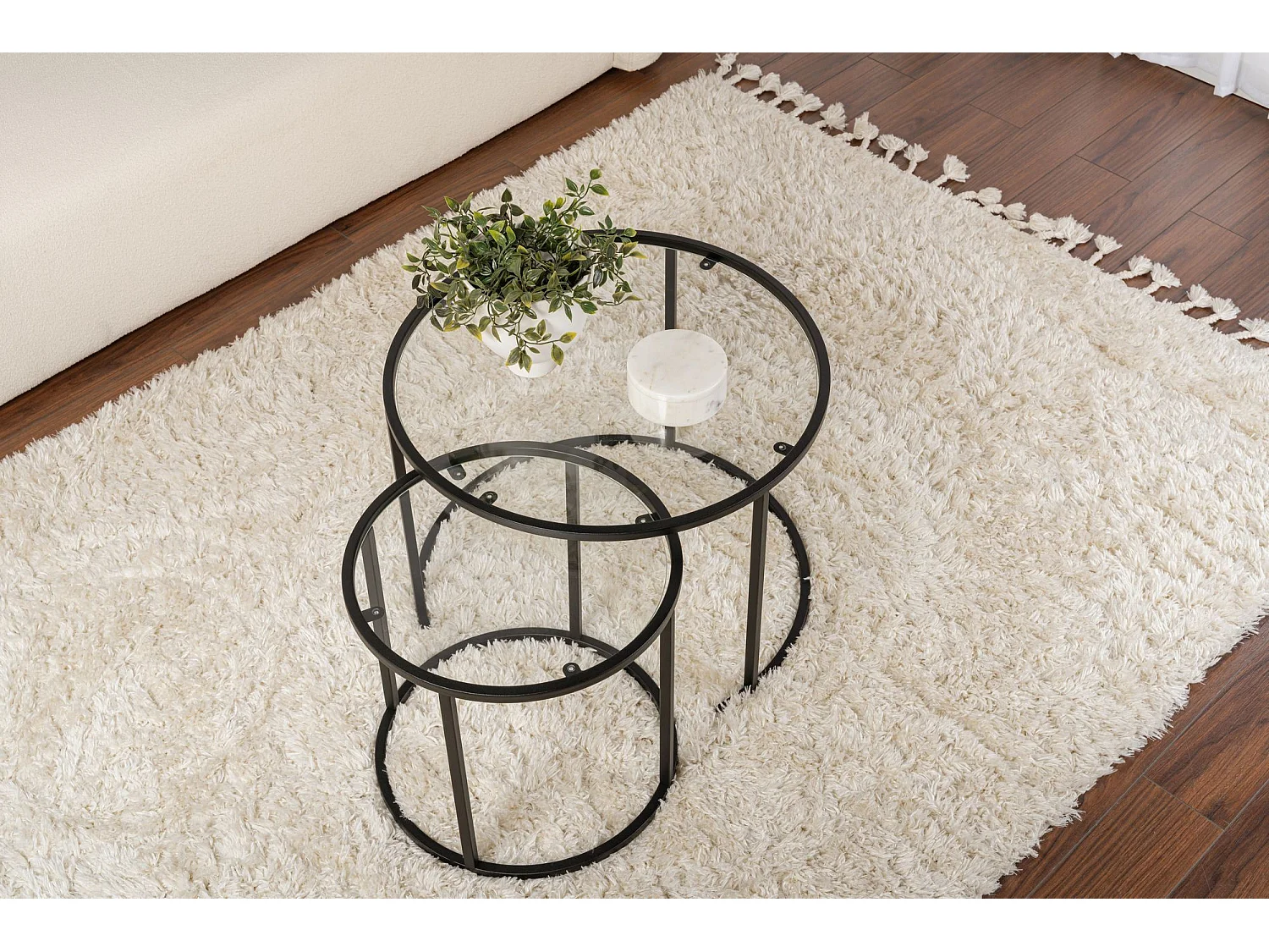 Table basse Simaxis, modulable, 60x60x43h cm noir, forme ronde, plateau en verre