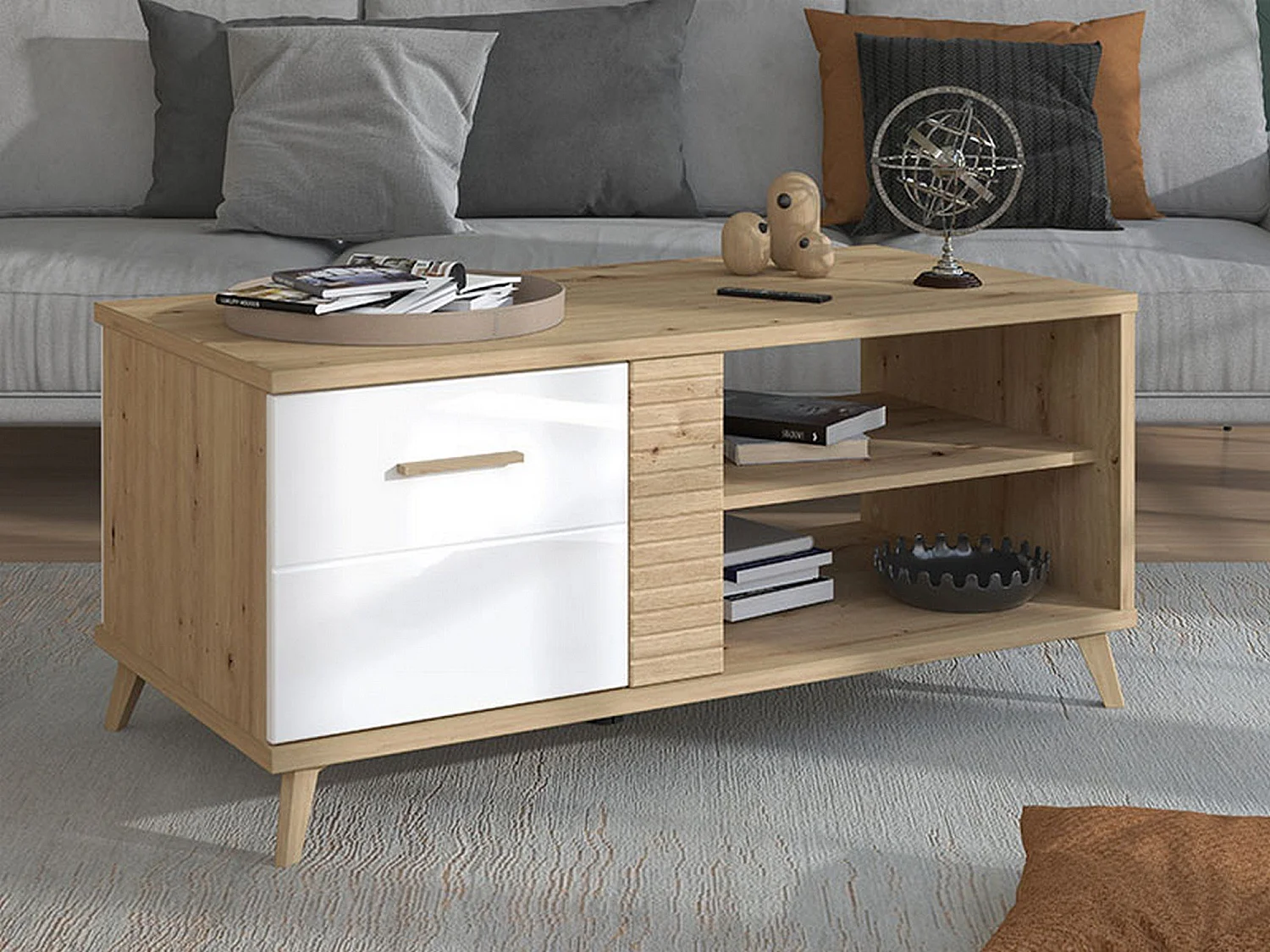 Tavolino da Salotto Frati, con Piedini, 120x60x54h cm Marrone Rovere Nodi, 3 Vani, Forma Rettangolare