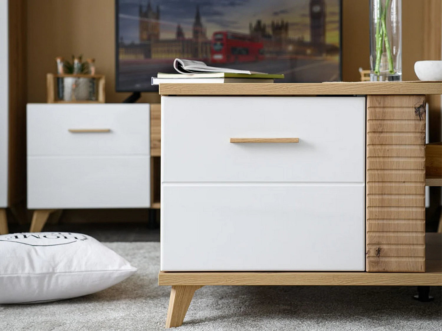 Tavolino da Salotto Frati, con Piedini, 120x60x54h cm Marrone Rovere Nodi, 3 Vani, Forma Rettangolare