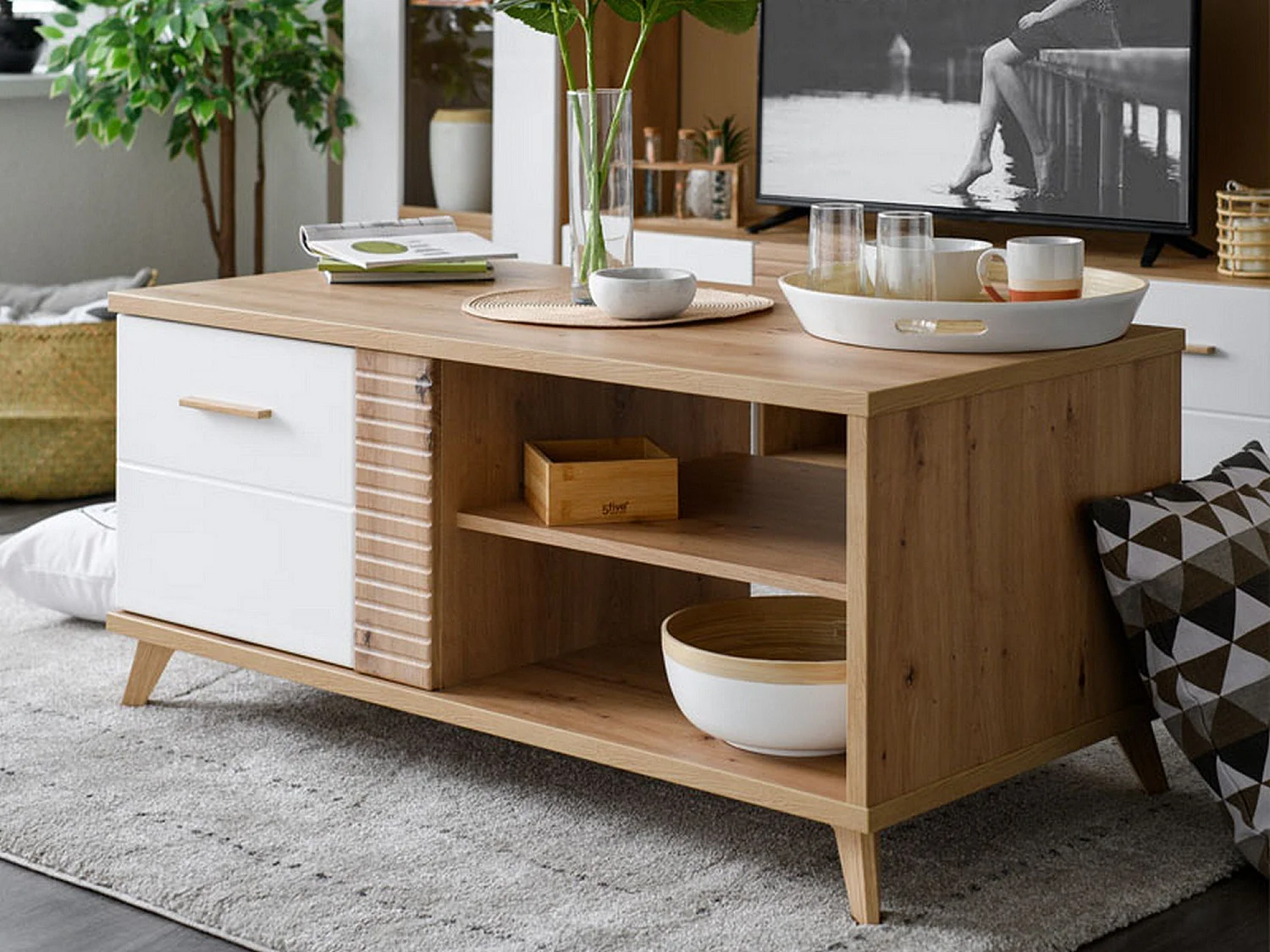 Tavolino da Salotto Frati, con Piedini, 120x60x54h cm Marrone Rovere Nodi, 3 Vani, Forma Rettangolare