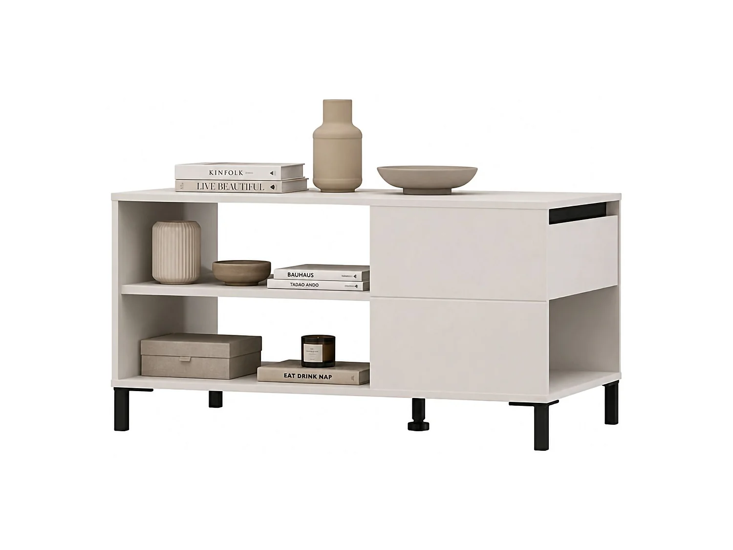 Tavolino da Salotto Salentina, un Cassetto, 102x55x52h cm Bianco Crema, con Piedini, 3 Vani