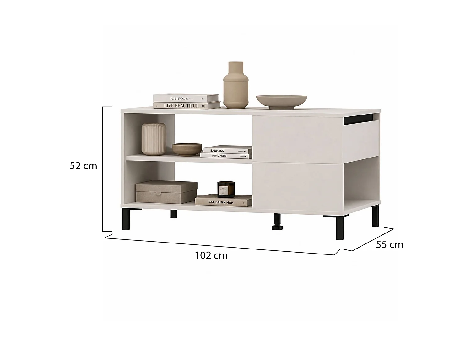 Tavolino da Salotto Salentina, un Cassetto, 102x55x52h cm Bianco Crema, con Piedini, 3 Vani