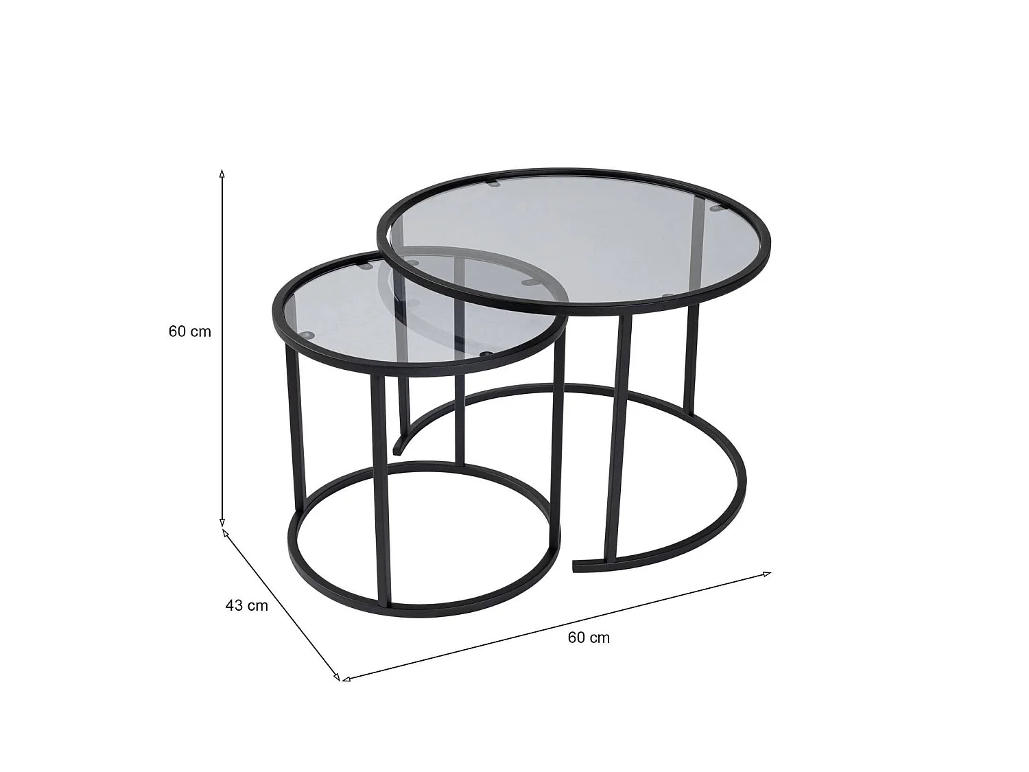 Salontafel Xaden, set van 2 tafeltjes, 60x60x43h cm zwart, ronde vorm, framekleur grijs