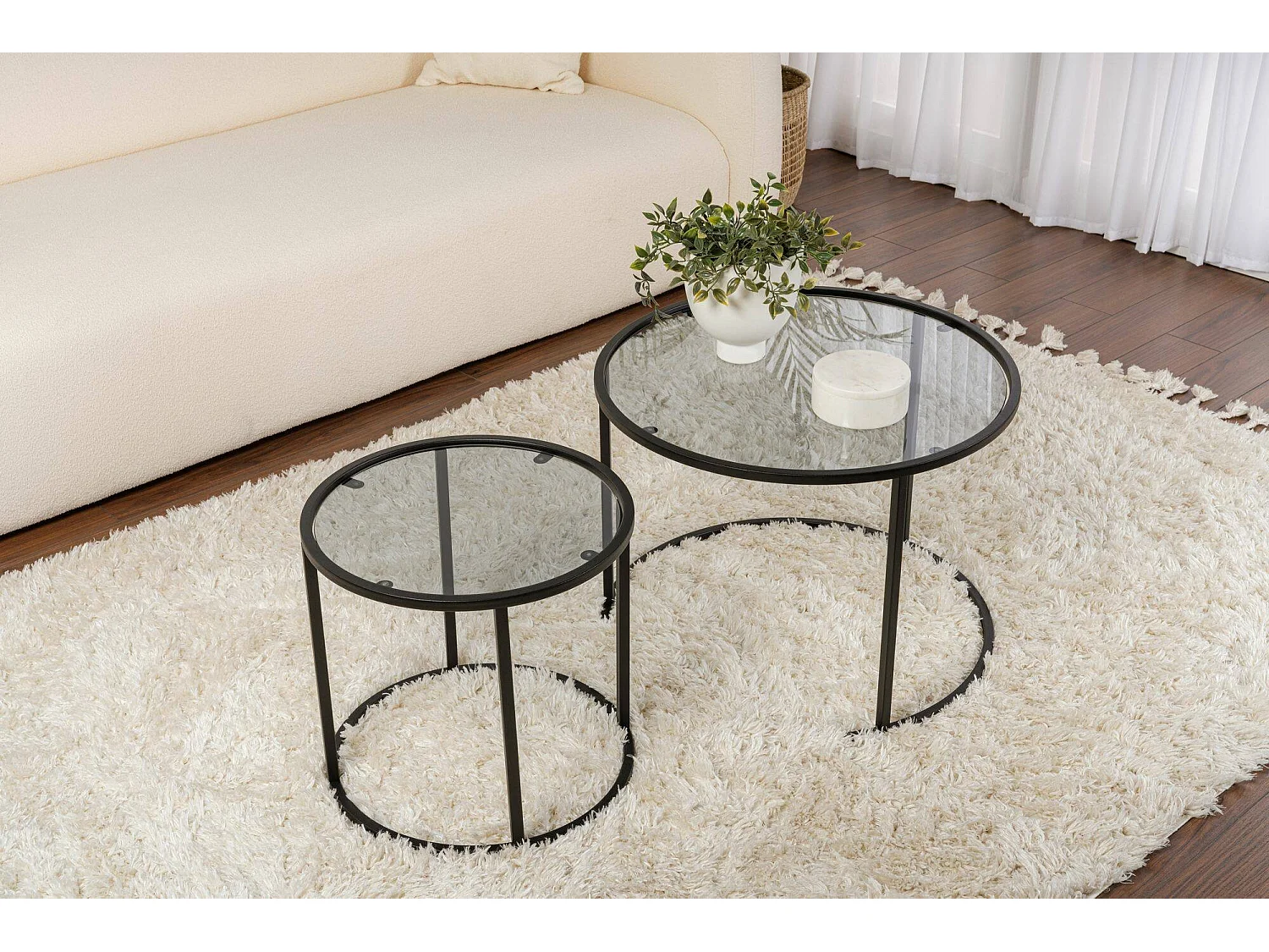 Salontafel Xaden, set van 2 tafeltjes, 60x60x43h cm zwart, ronde vorm, framekleur grijs