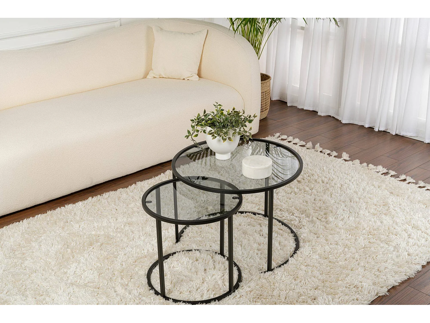 Salontafel Xaden, set van 2 tafeltjes, 60x60x43h cm zwart, ronde vorm, framekleur grijs