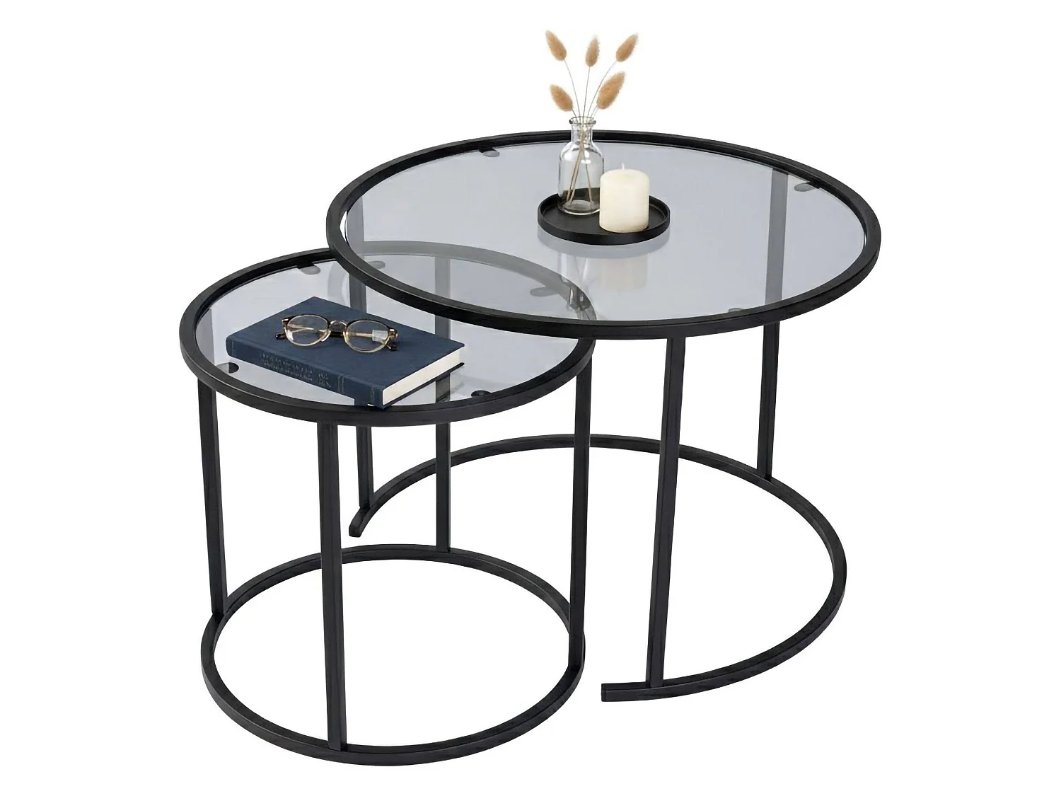 Salontafel Xaden, set van 2 tafeltjes, 60x60x43h cm zwart, ronde vorm, framekleur grijs