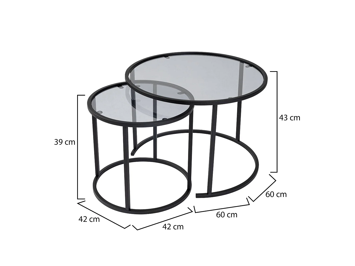 Salontafel Xaden, set van 2 tafeltjes, 60x60x43h cm zwart, ronde vorm, framekleur grijs