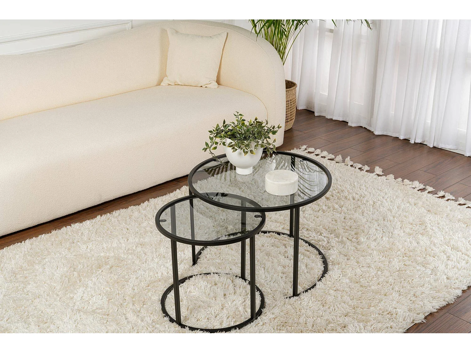 Salontafel Xaden, set van 2 tafeltjes, 60x60x43h cm zwart, ronde vorm, framekleur grijs
