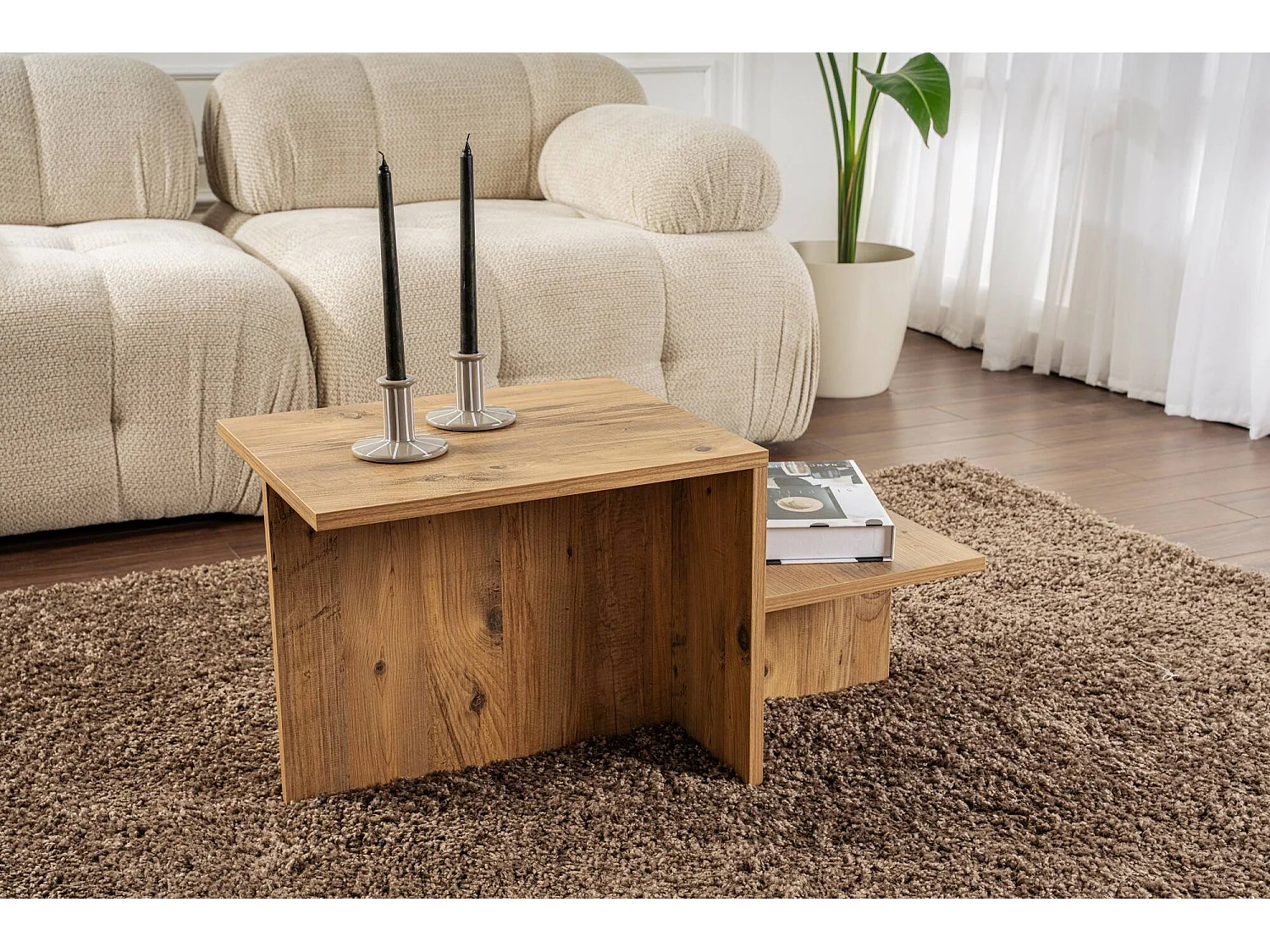 Salontafel Varian, rechthoekig, 80x40x40h cm, bruin dennenhout, massief houten blad, kleur legplank bruin