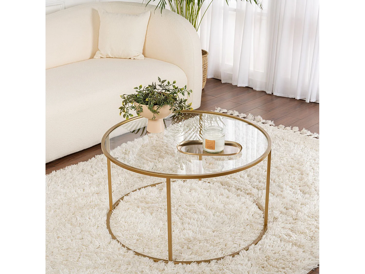Tavolino da Salotto Moena, Forma Rotondo, 80x80x43h cm oro, Materiale Piano in Vetro, Colore Ripiano Trasparente