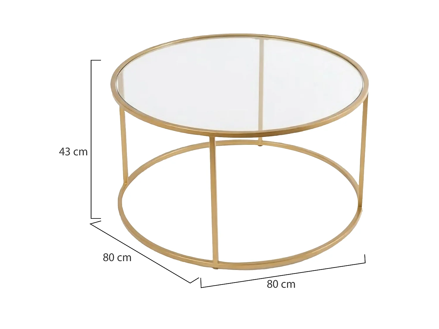 Tavolino da Salotto Moena, Forma Rotondo, 80x80x43h cm oro, Materiale Piano in Vetro, Colore Ripiano Trasparente