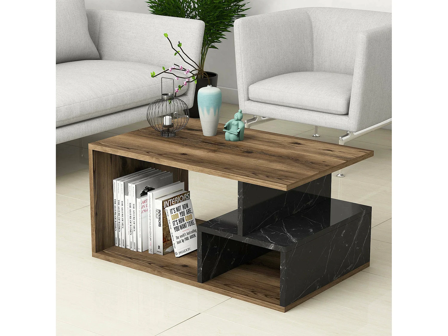 Salontafel Calvera, 2 vakken, 90x42x54h cm bruin, rechthoekig, kleur frame grijs