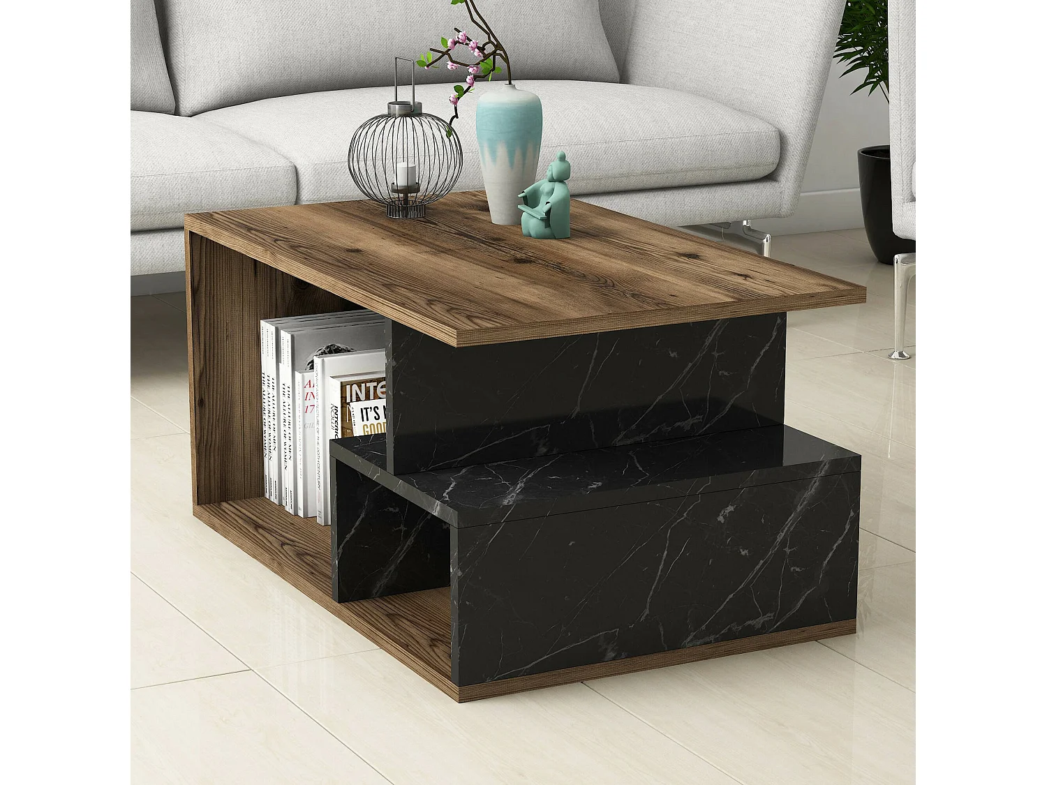 Salontafel Calvera, 2 vakken, 90x42x54h cm bruin, rechthoekig, kleur frame grijs