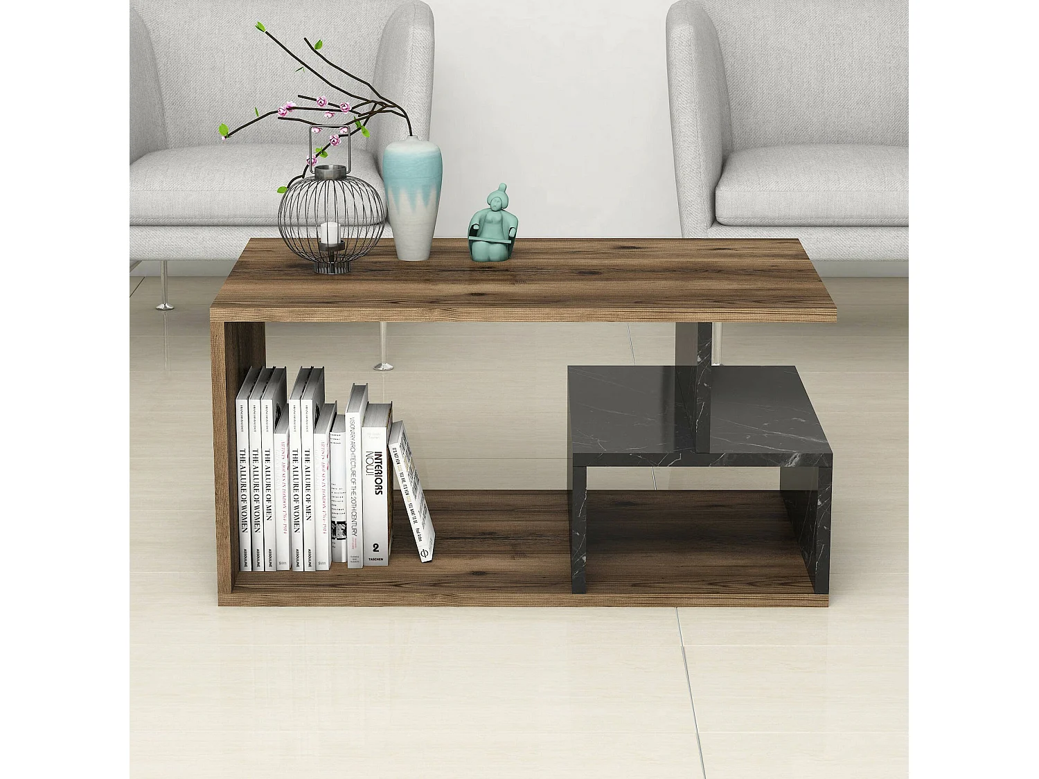 Salontafel Calvera, 2 vakken, 90x42x54h cm bruin, rechthoekig, kleur frame grijs