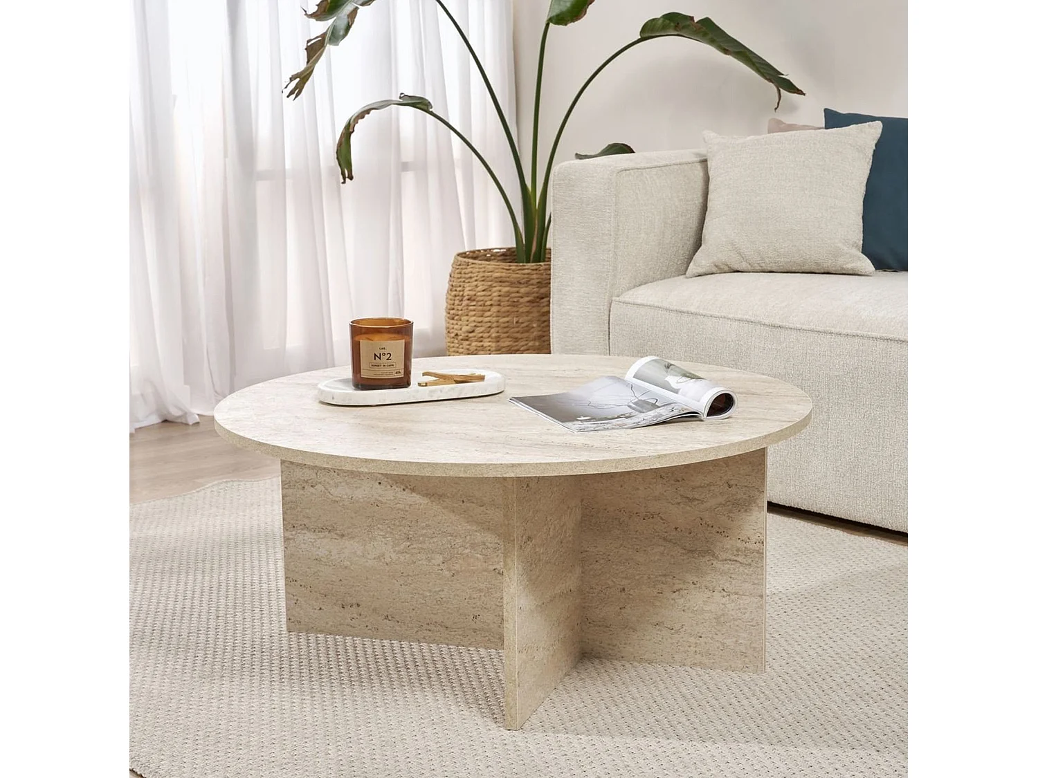 Table basse Simbario, ronde, 90x90x40 cm blanc marbre, plateau en bois noble, couleur blanc