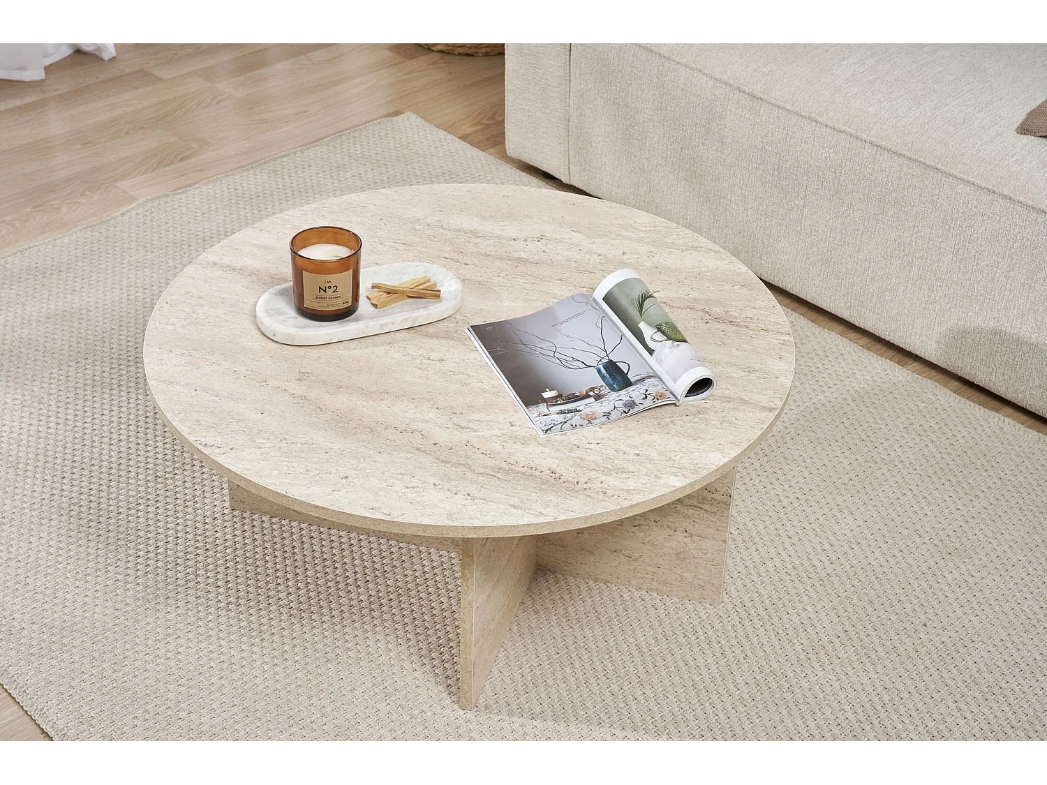 Table basse Simbario, ronde, 90x90x40 cm blanc marbre, plateau en bois noble, couleur blanc