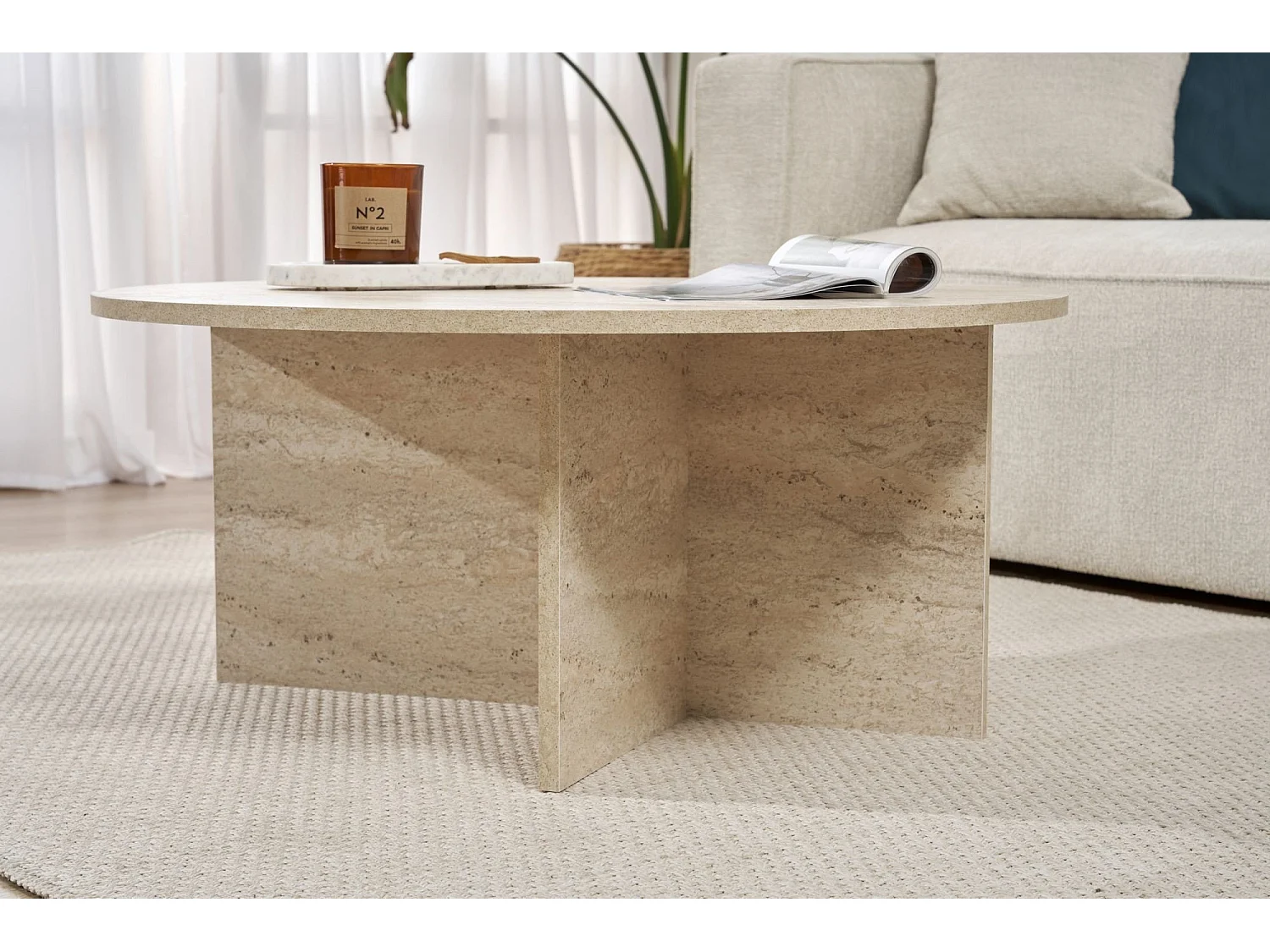 Table basse Simbario, ronde, 90x90x40 cm blanc marbre, plateau en bois noble, couleur blanc