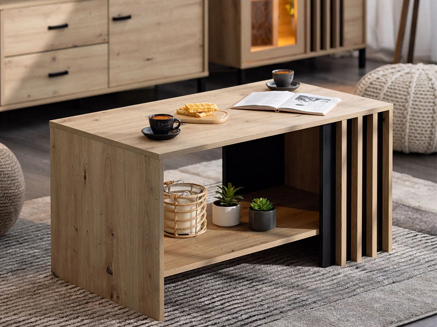 Tavolino da Salotto Tricerro, un Vano, 90x50x46h cm Marrone Rovere Nodi, Forma Rettangolare, Colore Ripiano Marrone