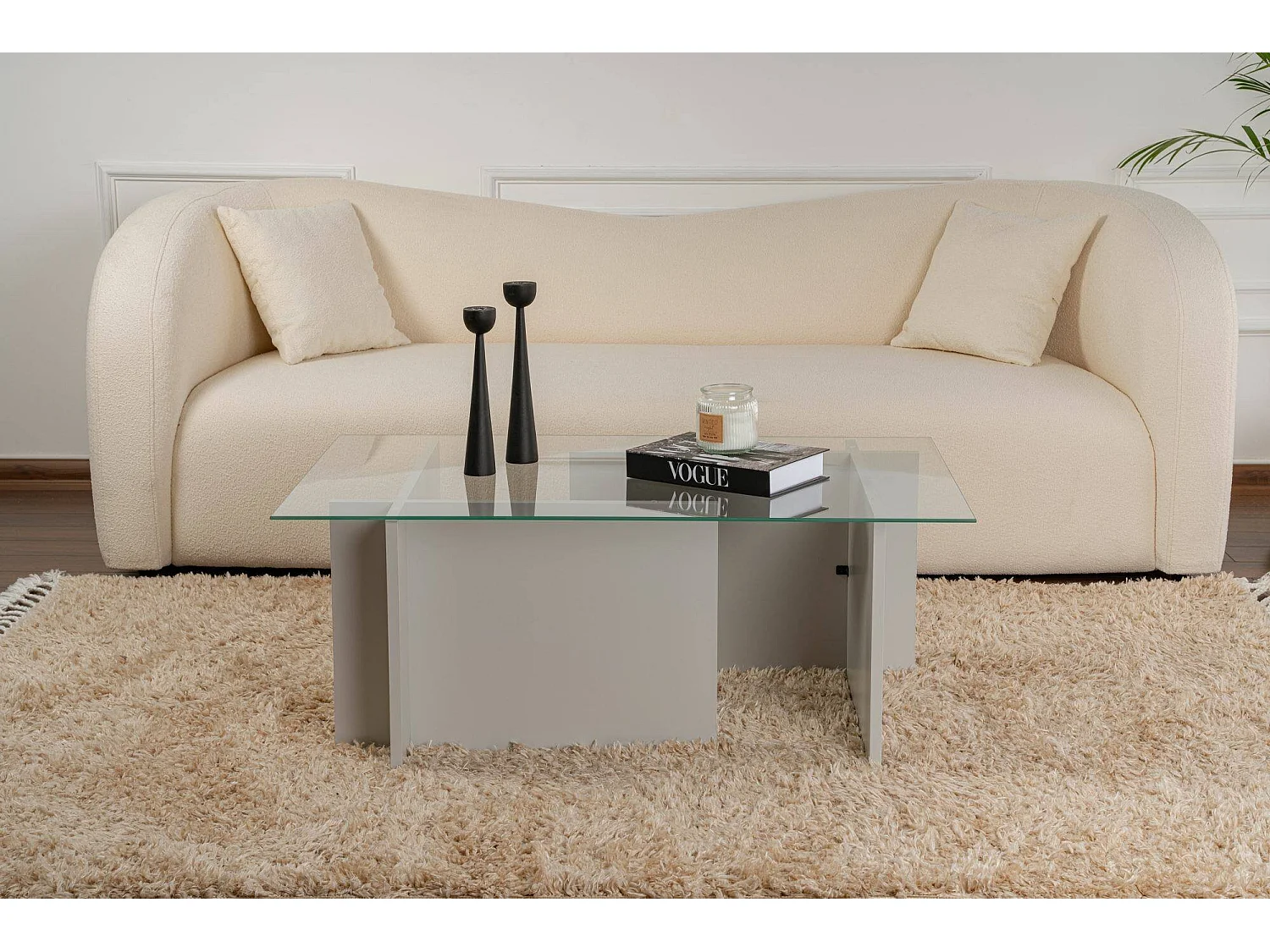 Salontafel Azriel, rechthoekig, 105x65x40h cm grijs, blad van glas, kleur legplank transparant