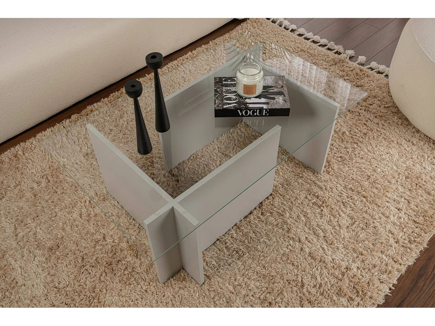 Salontafel Azriel, rechthoekig, 105x65x40h cm grijs, blad van glas, kleur legplank transparant