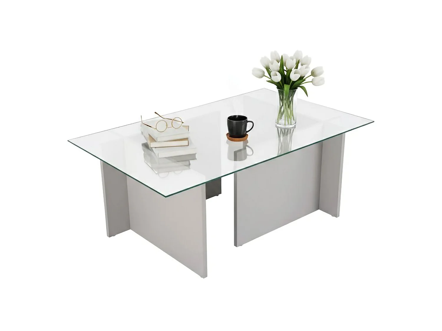 Salontafel Azriel, rechthoekig, 105x65x40h cm grijs, blad van glas, kleur legplank transparant