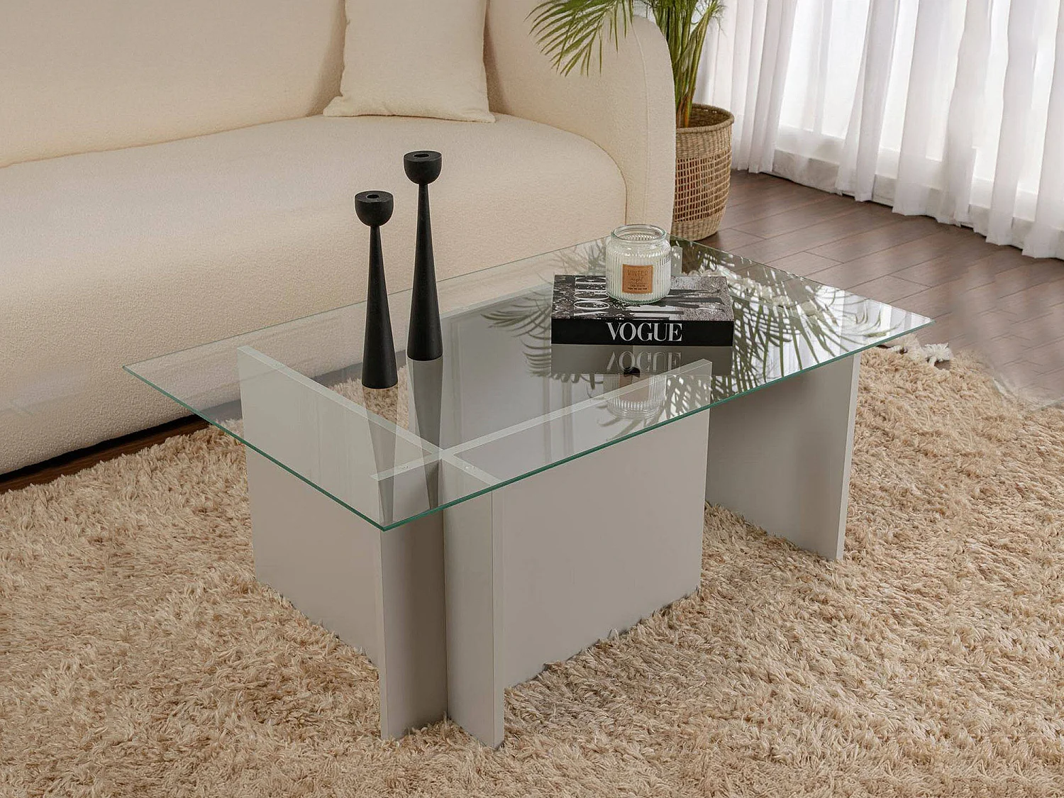 Salontafel Azriel, rechthoekig, 105x65x40h cm grijs, blad van glas, kleur legplank transparant