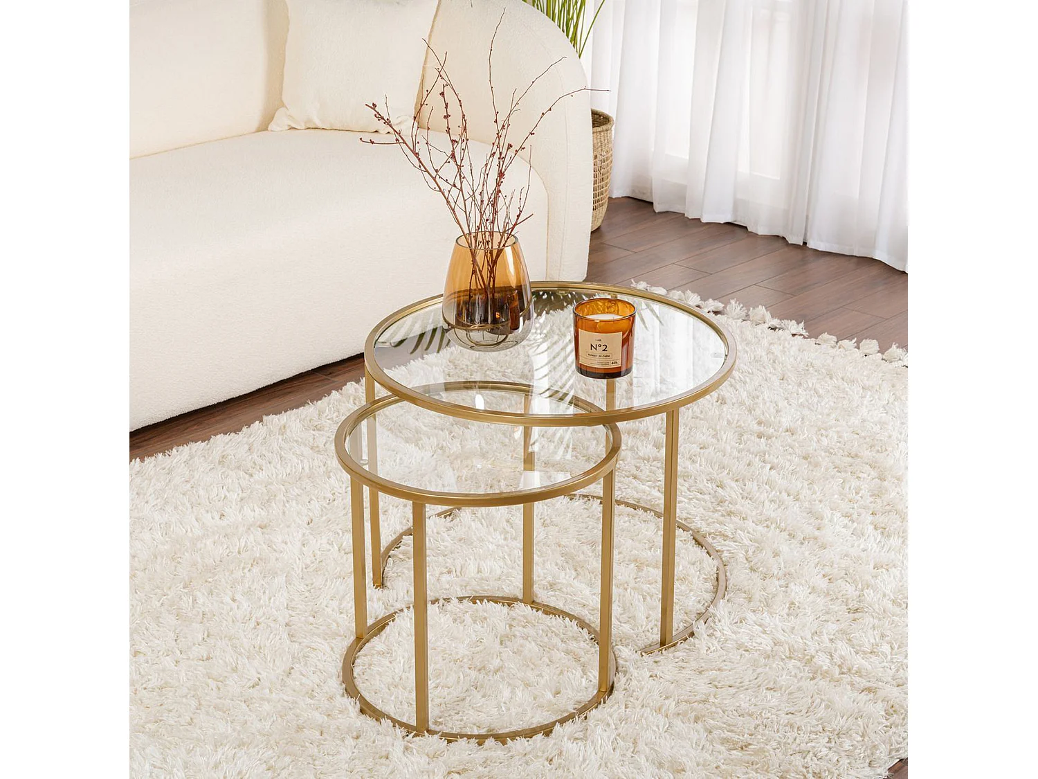 Tavolino da Salotto Simaxis, Modulabile, 60x60x43h cm oro, Forma Rotondo, Materiale Piano in Vetro
