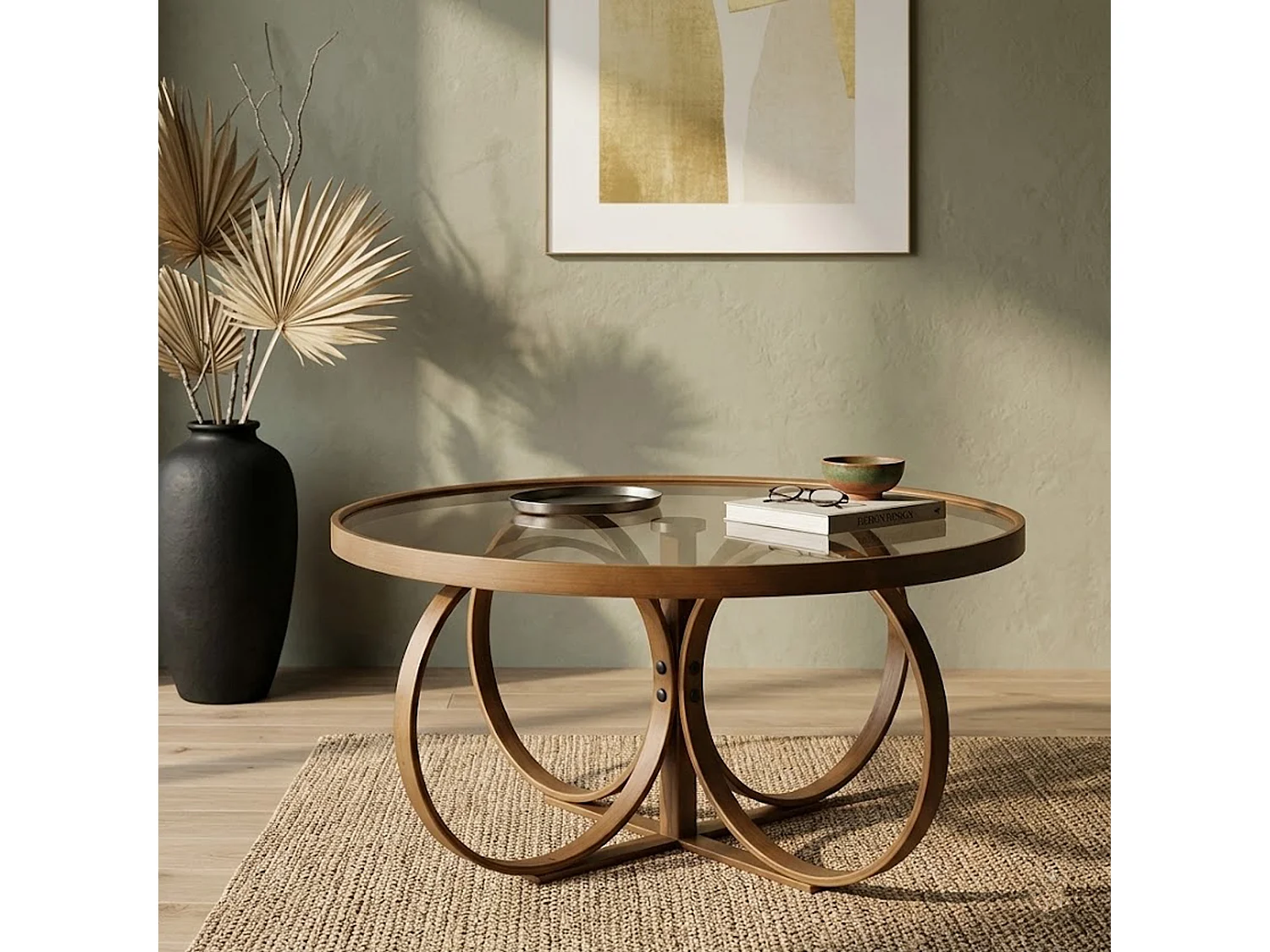 Tavolino da Salotto Gargallo, Piano in Vetro Temperato, 100x100x47h cm Marrone Noce, Forma Ovale, Materiale Struttura in Vetro