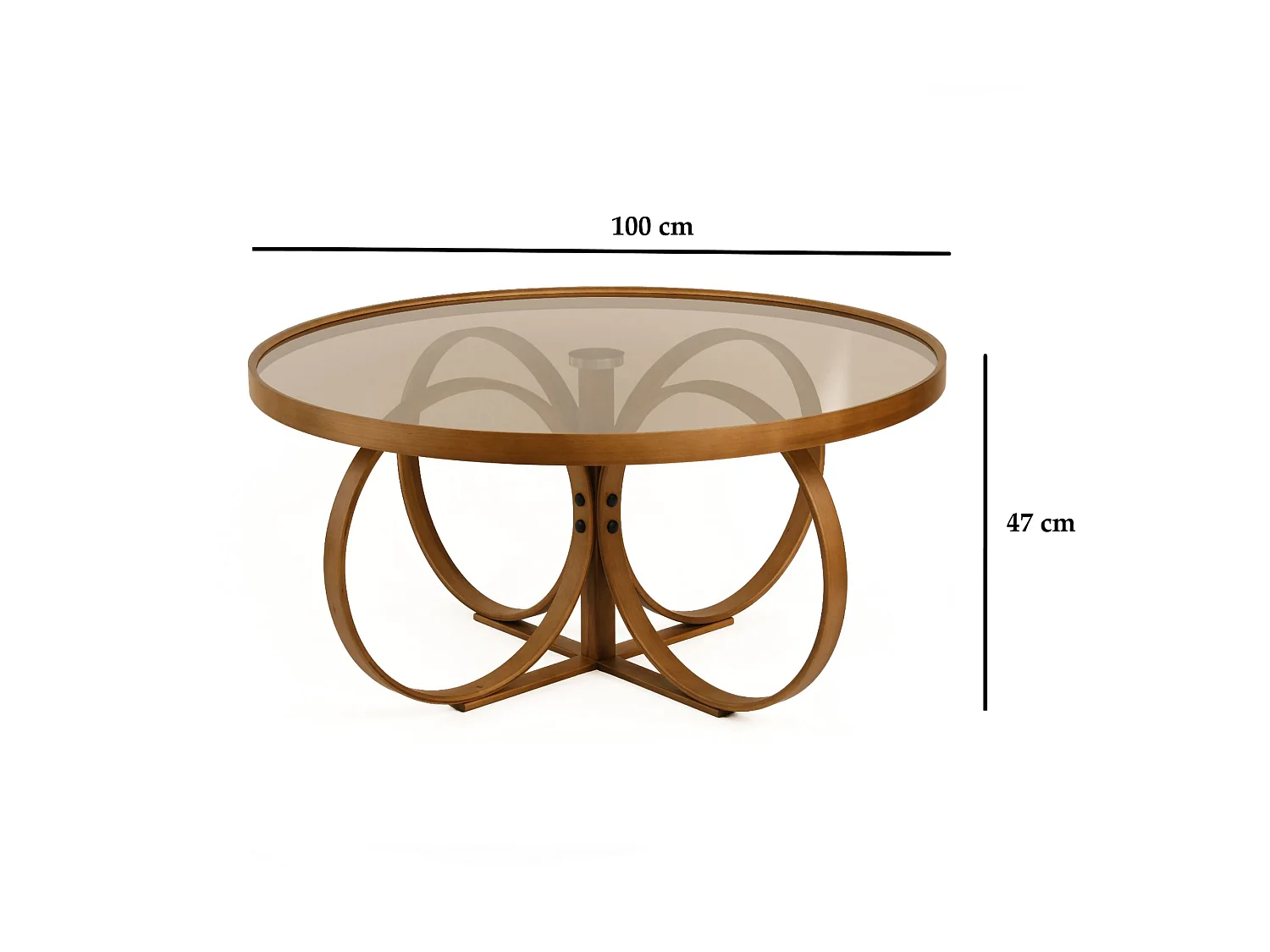 Tavolino da Salotto Gargallo, Piano in Vetro Temperato, 100x100x47h cm Marrone Noce, Forma Ovale, Materiale Struttura in Vetro