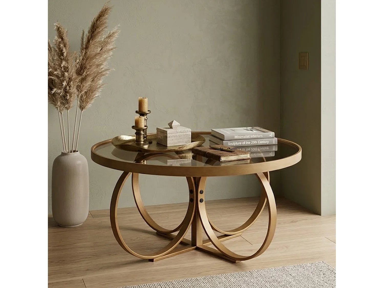 Tavolino da Salotto Gargallo, Piano in Vetro Temperato, 100x100x47h cm Marrone Noce, Forma Ovale, Materiale Struttura in Vetro