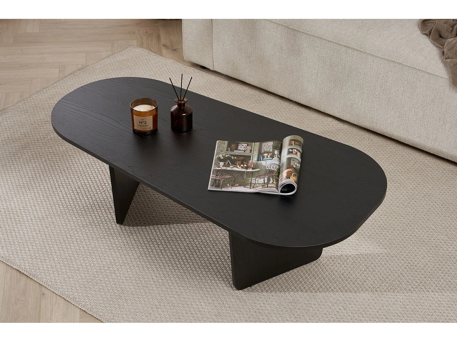 Sofatisch Dozza, Oval, 130x65x40h cm, Schwarz, Tischplatte aus edlem Holz, Farbe Schwarz