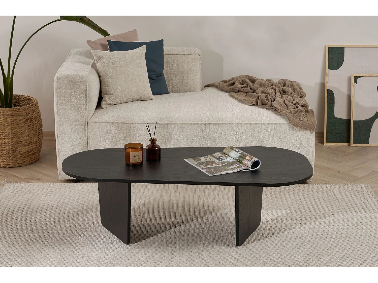Sofatisch Dozza, Oval, 130x65x40h cm, Schwarz, Tischplatte aus edlem Holz, Farbe Schwarz