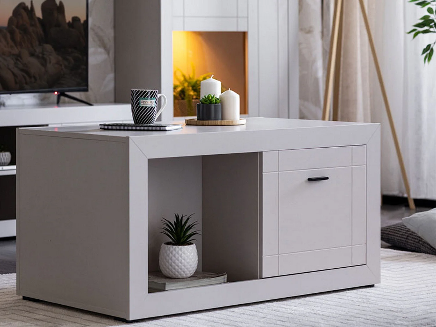 Tavolino da Salotto Vervio, 3 Vani, 101x58x54h cm Bianco, Forma Rettangolare, Materiale Piano in Legno Nobilitato