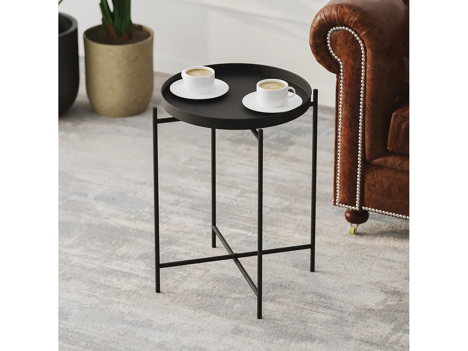 Tavolino da Salotto Fiave, Forma Rotondo, 46x46x56h cm Nero, Materiale Piano in Metallo, Colore Ripiano Nero