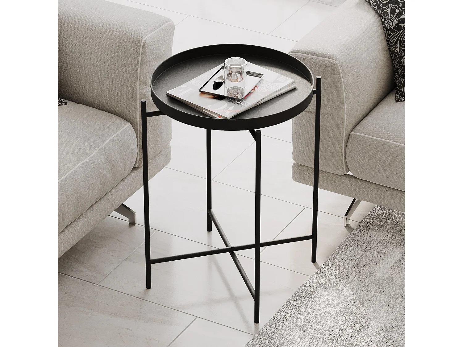 Tavolino da Salotto Fiave, Forma Rotondo, 46x46x56h cm Nero, Materiale Piano in Metallo, Colore Ripiano Nero