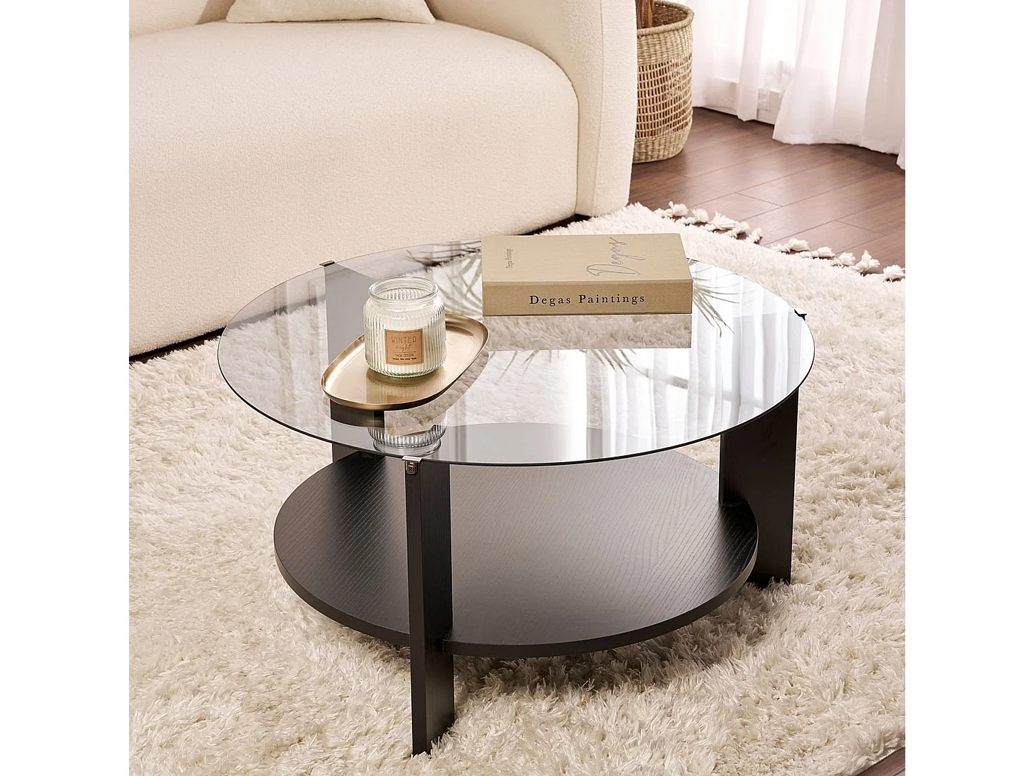 Tavolino da Salotto Canevino, Forma Rotondo, 75x75x40h cm Nero, Materiale Piano in Vetro, Colore Ripiano Trasparente