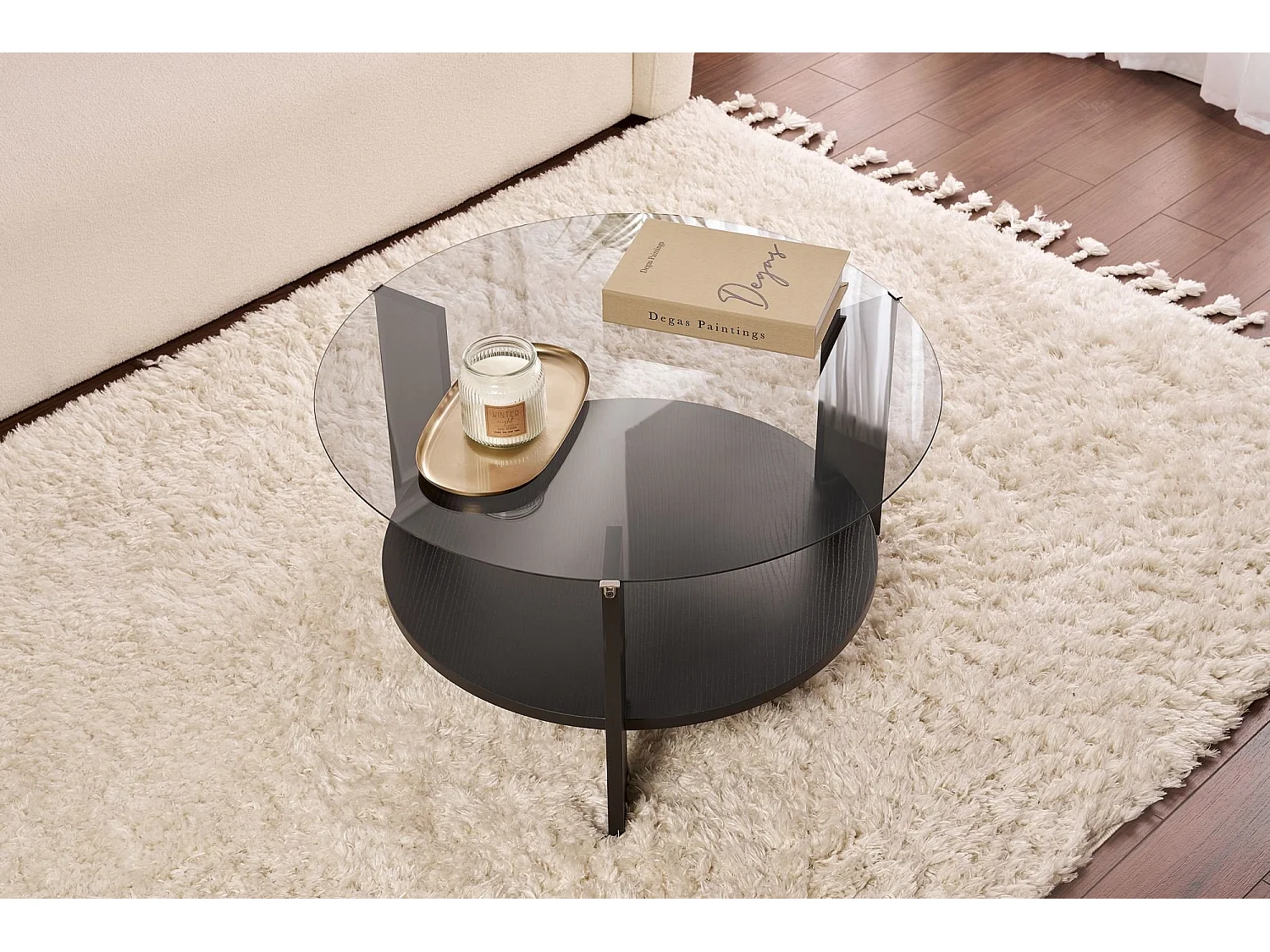 Tavolino da Salotto Canevino, Forma Rotondo, 75x75x40h cm Nero, Materiale Piano in Vetro, Colore Ripiano Trasparente