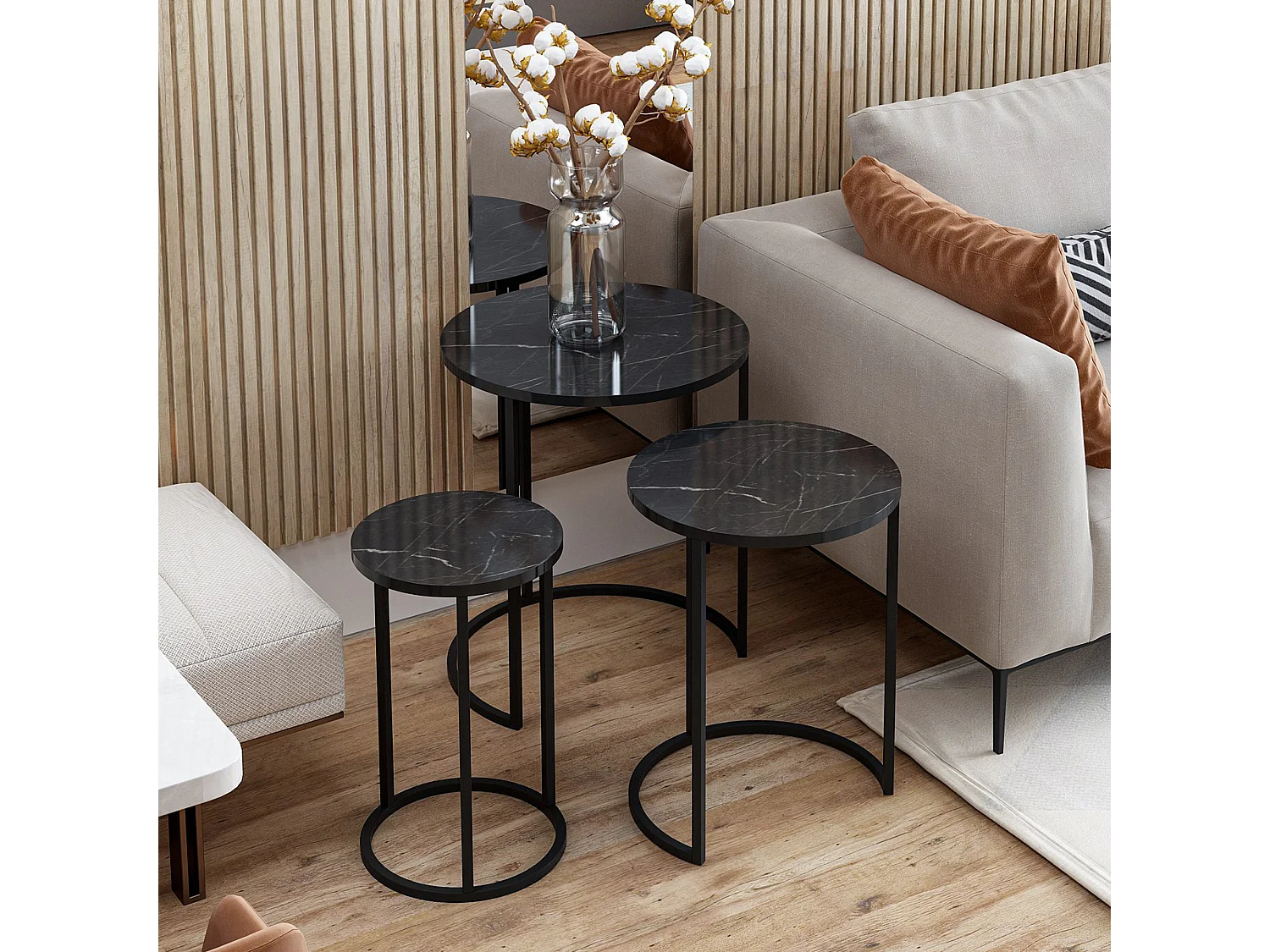 Tavolino da Salotto Daiano, set 3 Pezzi, 50x50x58h cm Nero, Forma Rotondo, Materiale Piano in Legno Nobilitato