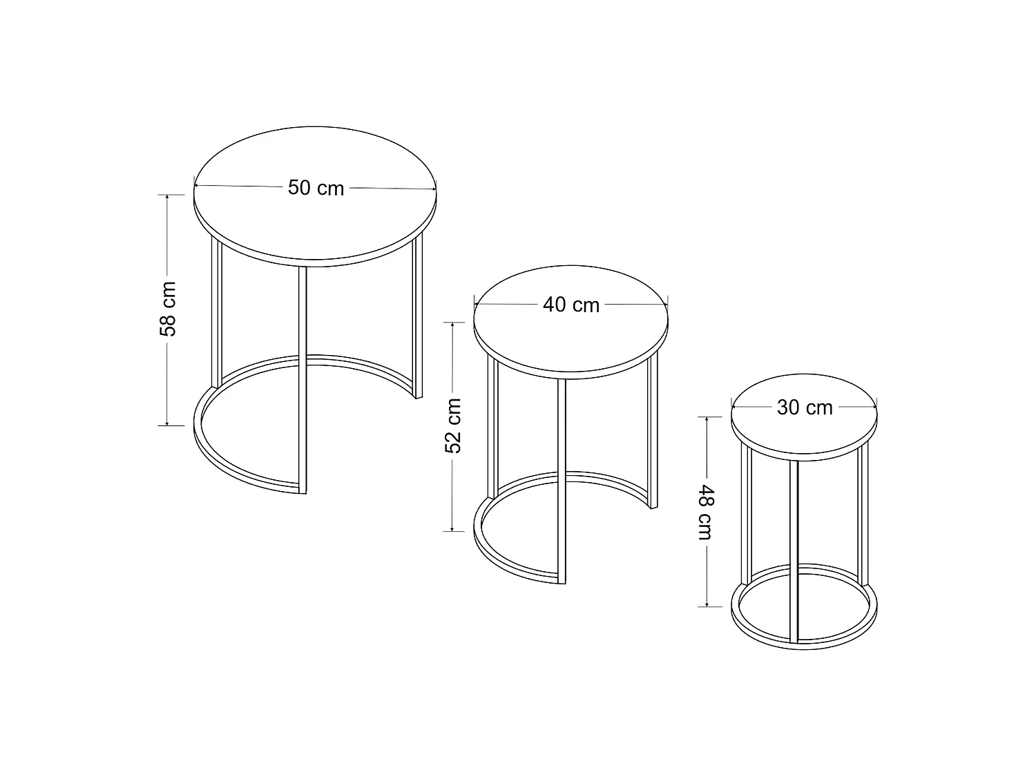Tavolino da Salotto Daiano, set 3 Pezzi, 50x50x58h cm Nero, Forma Rotondo, Materiale Piano in Legno Nobilitato