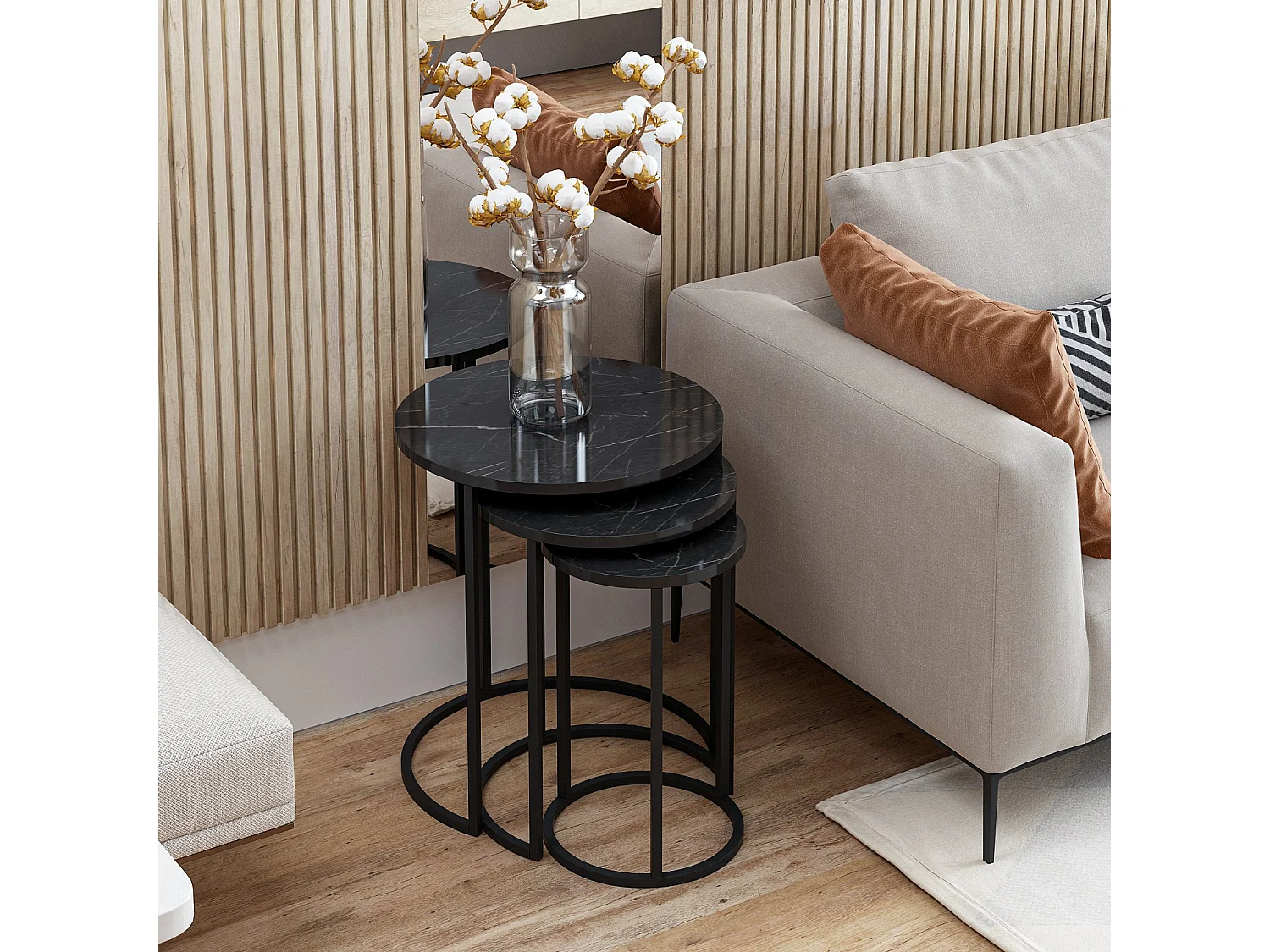 Tavolino da Salotto Daiano, set 3 Pezzi, 50x50x58h cm Nero, Forma Rotondo, Materiale Piano in Legno Nobilitato