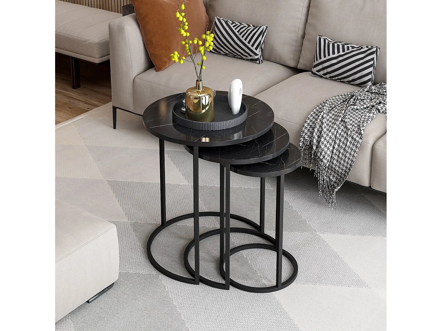 Tavolino da Salotto Daiano, set 3 Pezzi, 50x50x58h cm Nero, Forma Rotondo, Materiale Piano in Legno Nobilitato