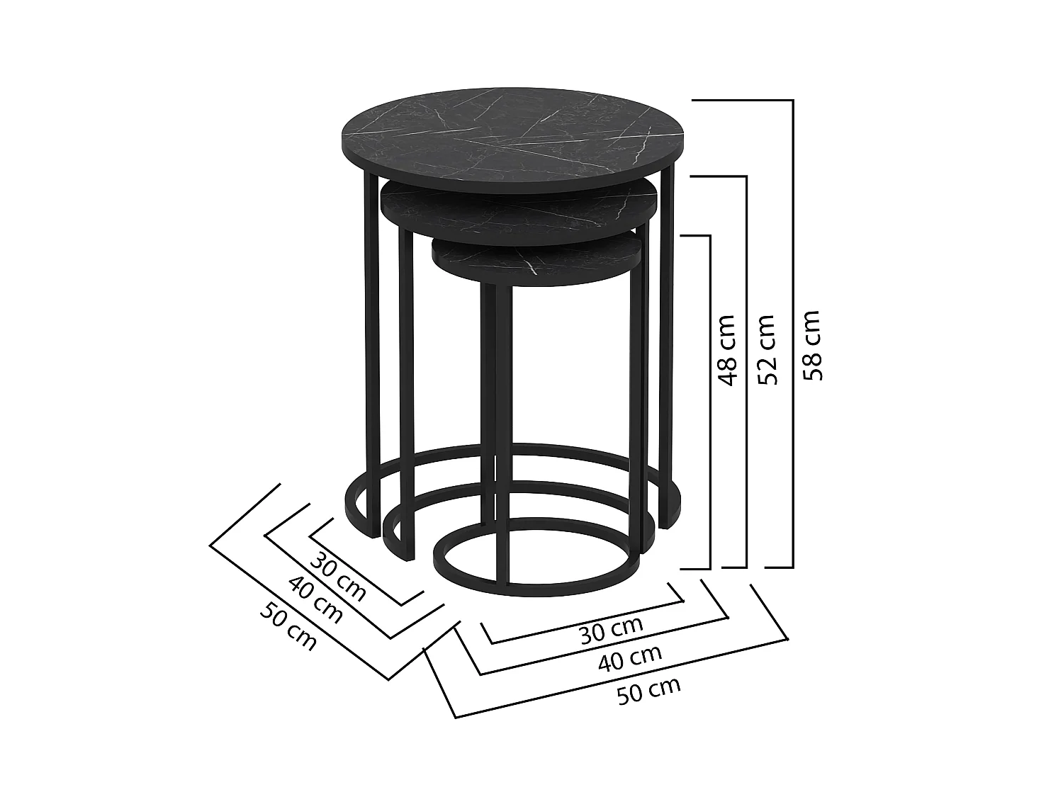 Tavolino da Salotto Daiano, set 3 Pezzi, 50x50x58h cm Nero, Forma Rotondo, Materiale Piano in Legno Nobilitato