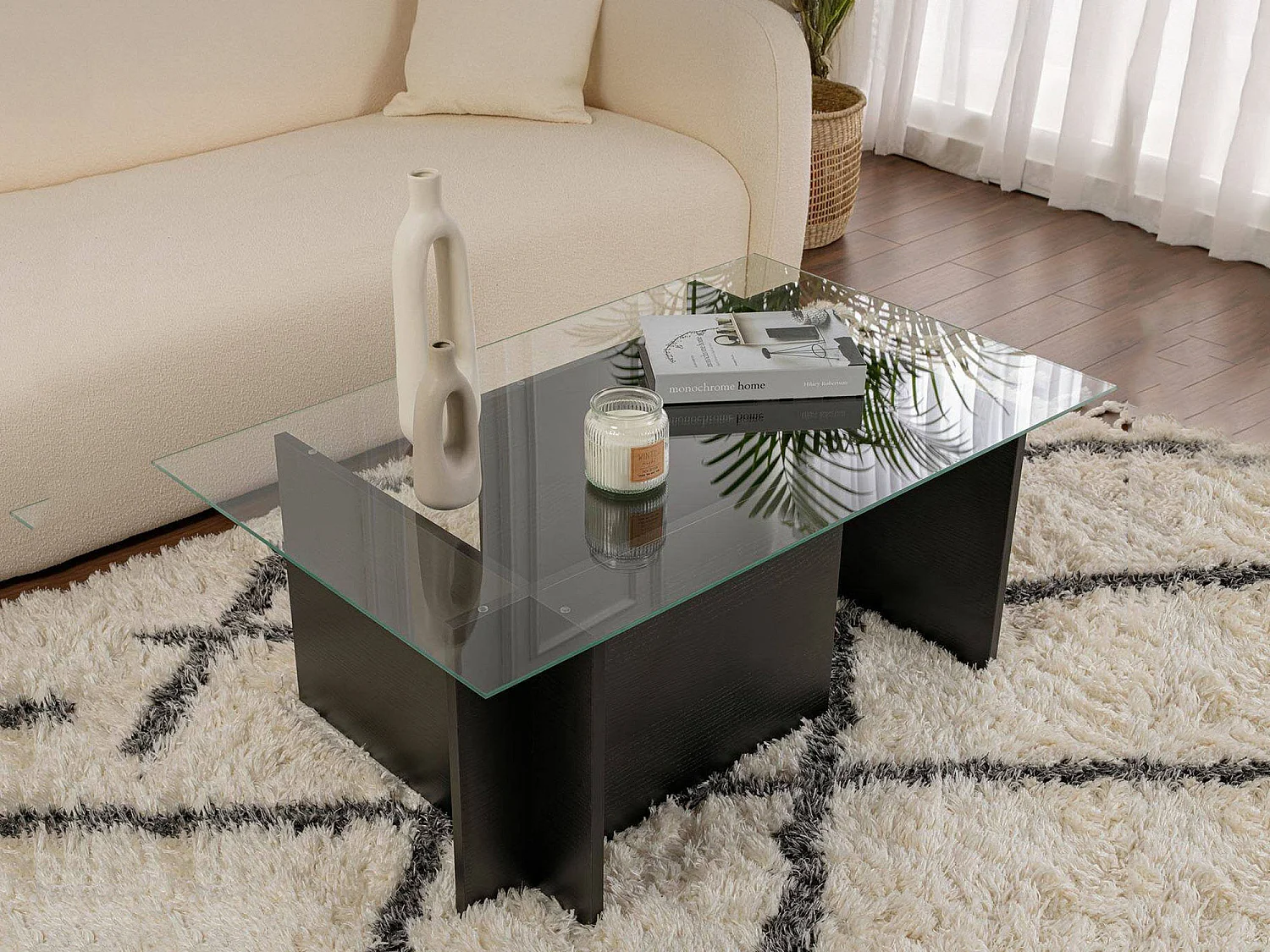 Mesa de Centro Azriel, Porta-revistas, 105x65x40h cm Preta, Forma Retangular, Tampo em Vidro