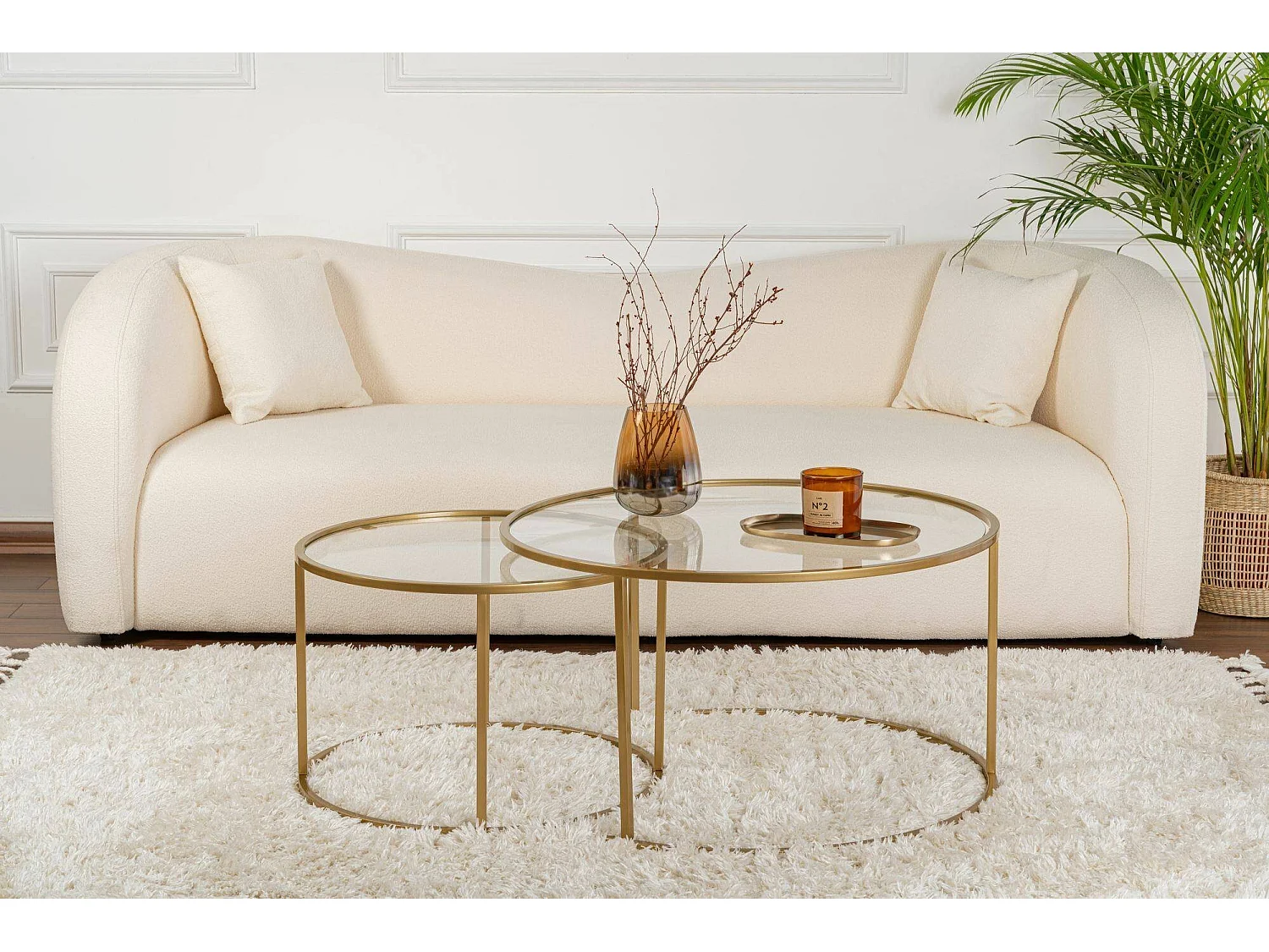 Aedion salontafel, set van 2 tafeltjes, 80x80x43h cm goud, ronde vorm, transparant blad