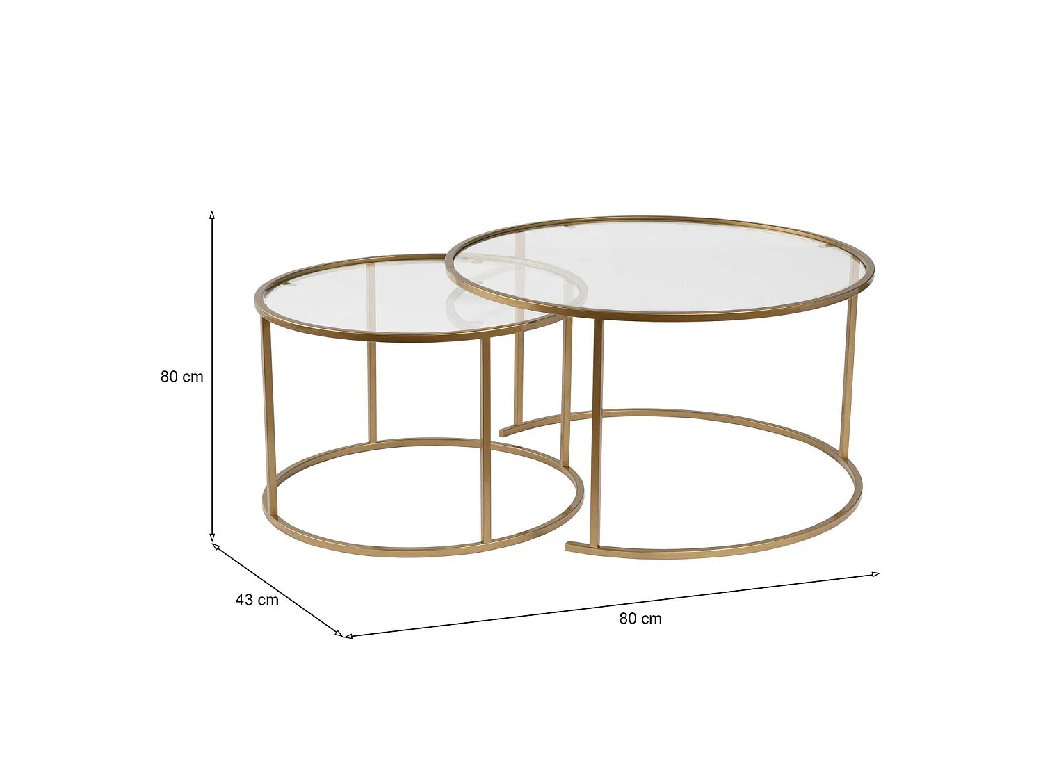 Aedion salontafel, set van 2 tafeltjes, 80x80x43h cm goud, ronde vorm, transparant blad